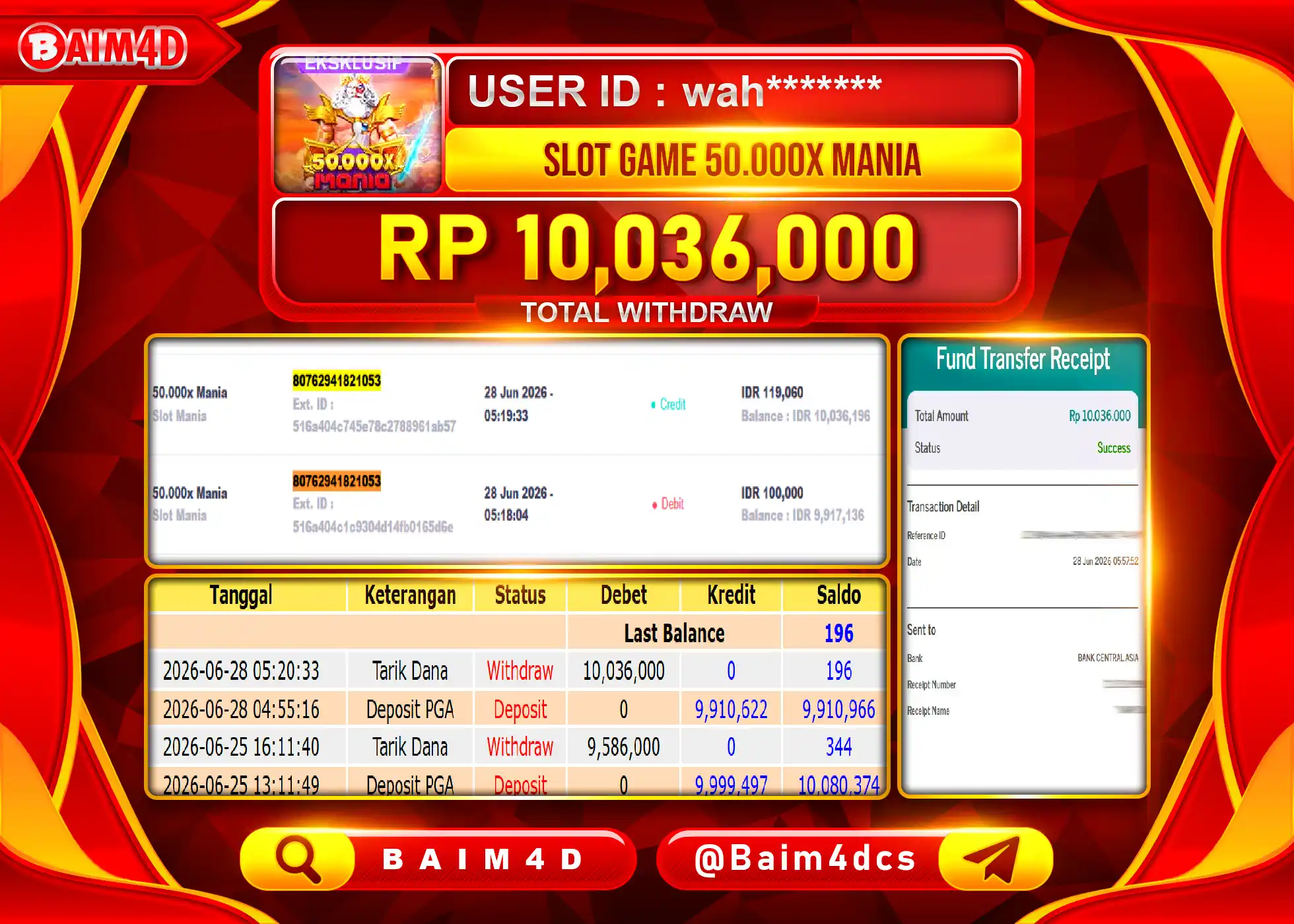 BAIM4D JACKPOT SLOT SLOT GAME 50.000 X MANIA Rp.10,036,000 - LUNAS