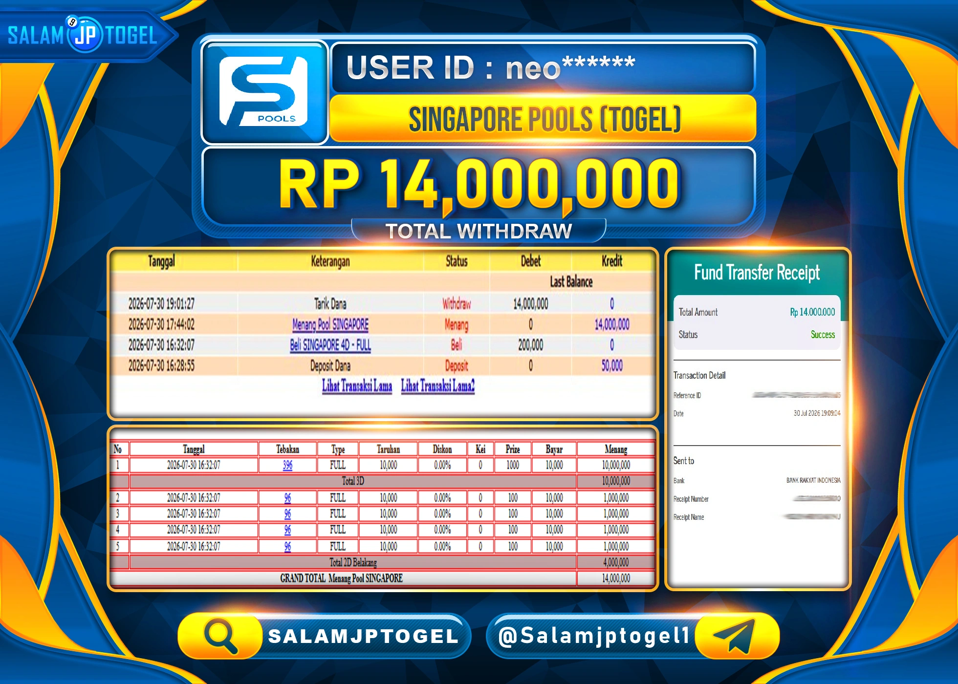 SALAMJPTOGEL JACKPOT MENANG TOGEL SINGAPORE POOLS Rp.14,000,000 - LUNAS