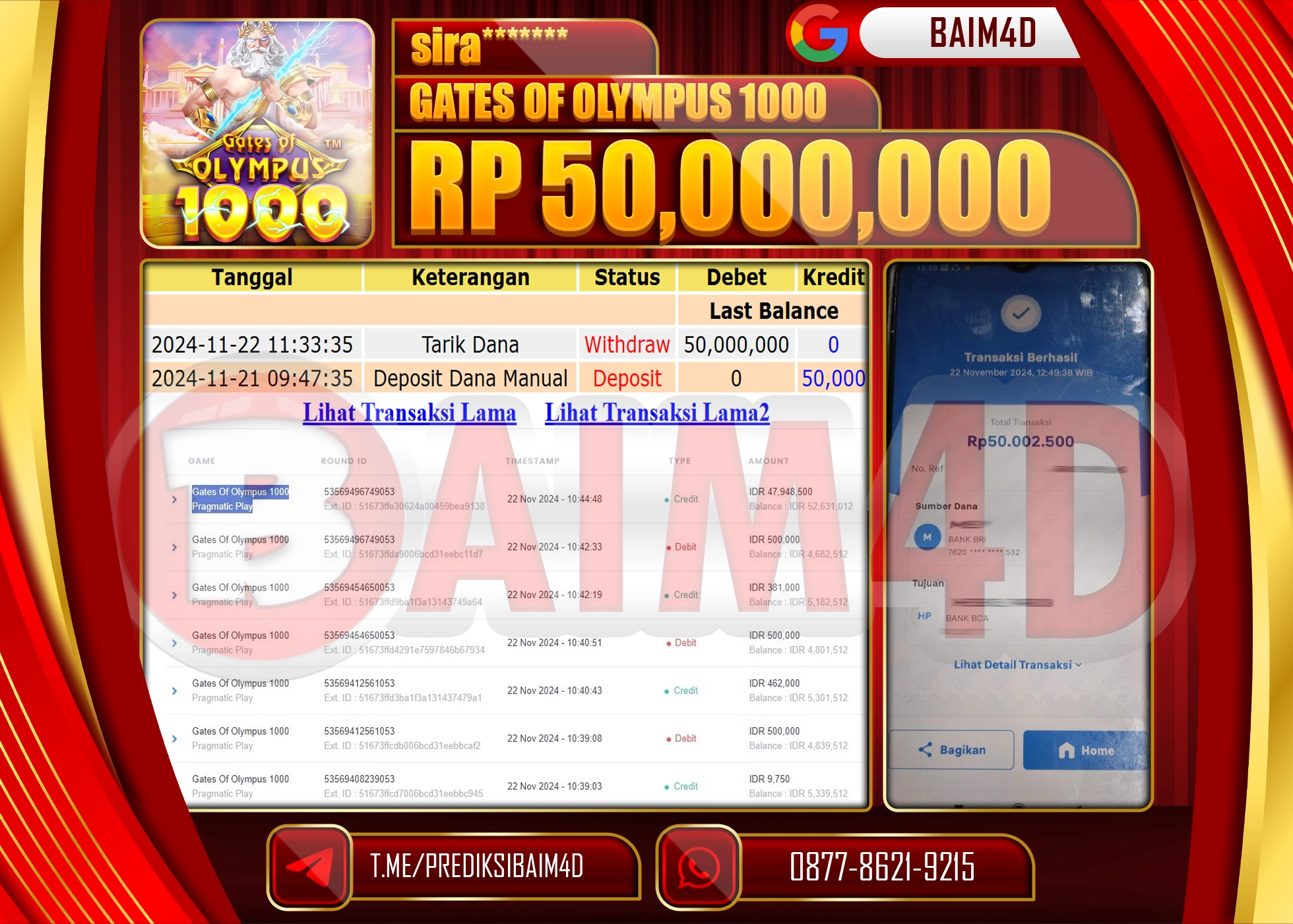 BAIM4D JACKPOT GATES OF OLYMPUS 1000 Rp.50.000,000.- LUNAS