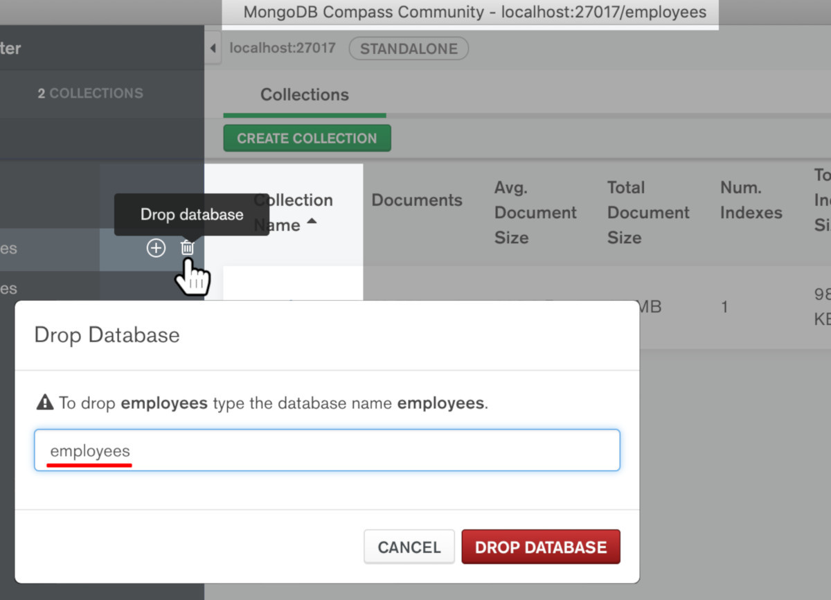 Screenshot of the MongoDB Compass GUI dropping a database