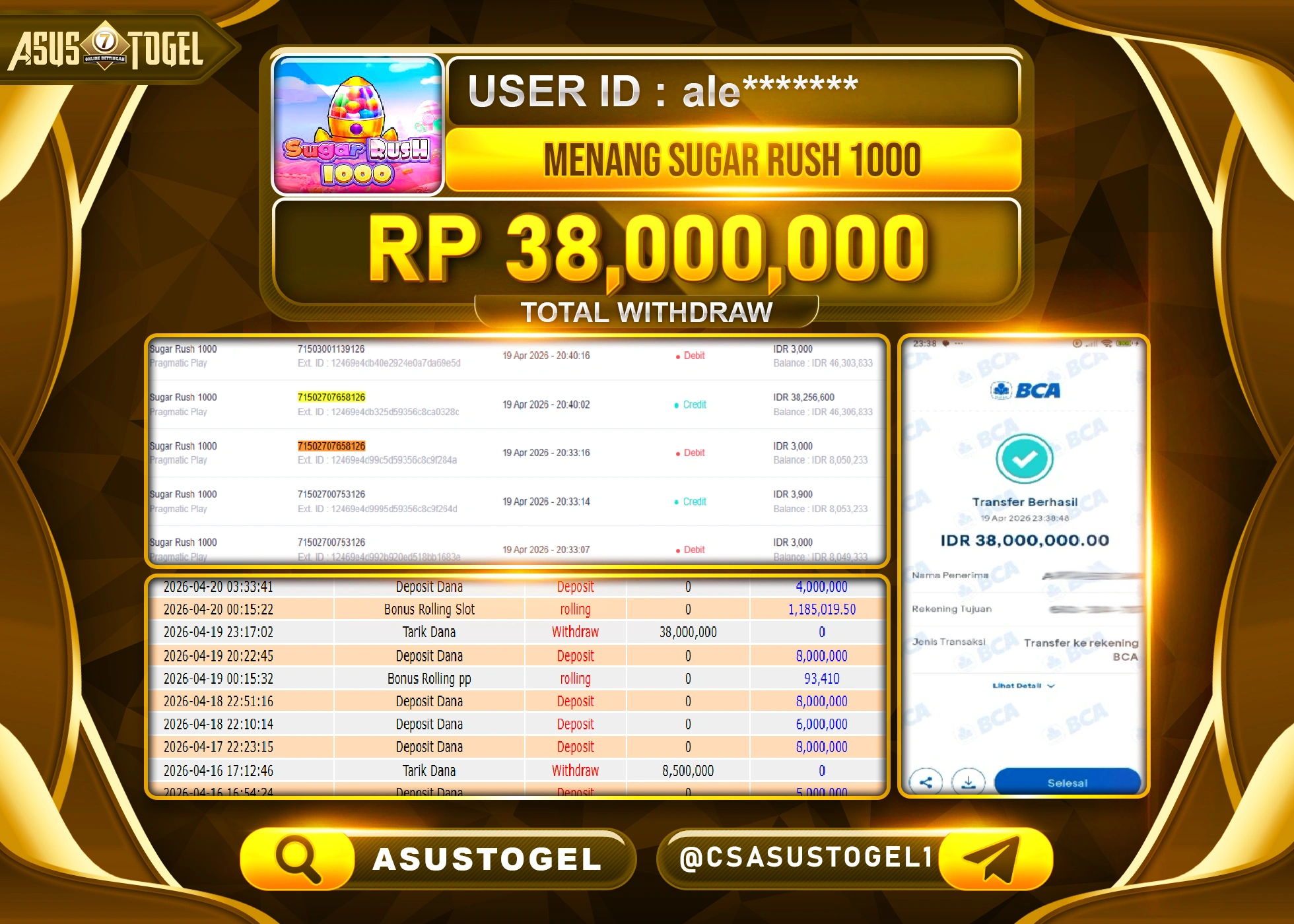 ASUSTOGEL KEMENANGAN JACKPOT DI PERMAINAN SUGAR RUSH 1000  SEBESAR Rp.38,000,000 - RUPIAH LUNAS