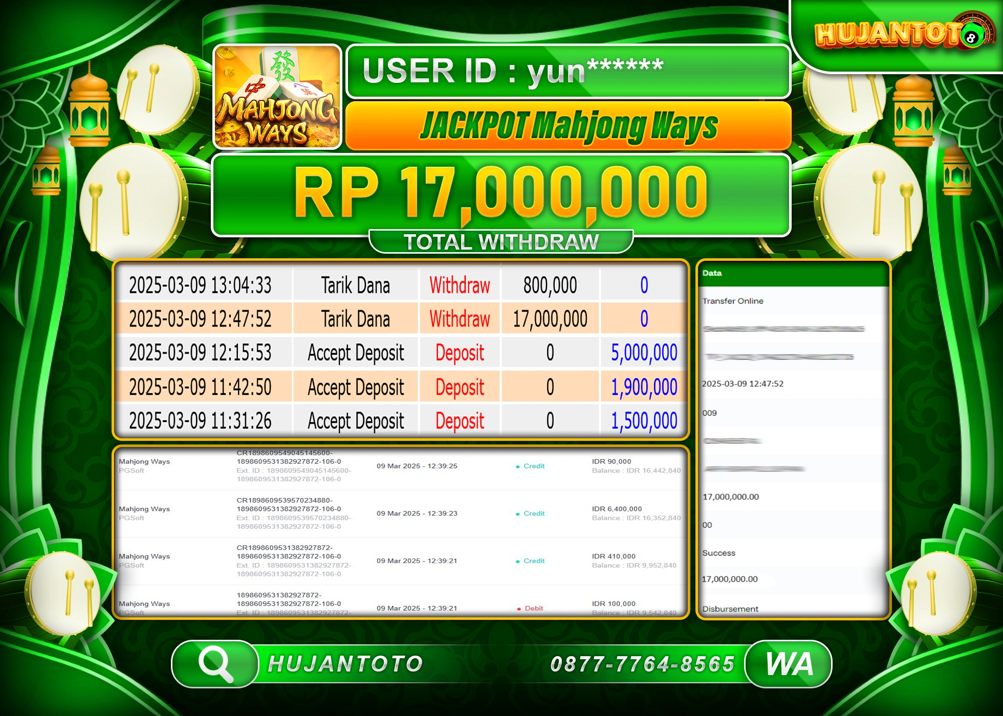HUJANTOTO - BUKTI JACKPOT MENANG SLOT MAHJONG WAYS Rp,17,000,000 - TERBAYAR LUNAS
