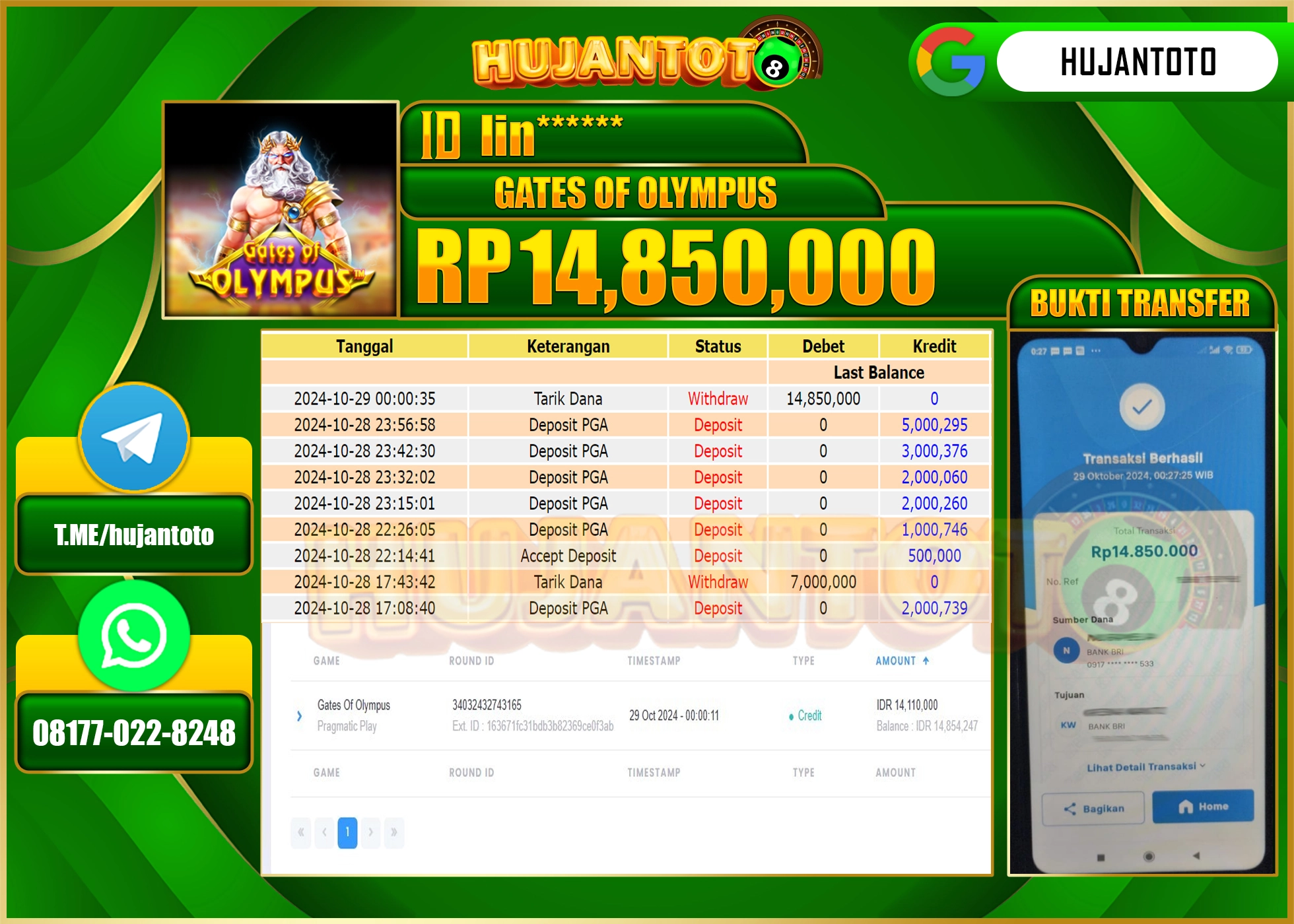 HUJANTOTO MENANG DI PERMAINAN SLOT GATES OF OLYMPUS - 14,850,000 - LUNAS