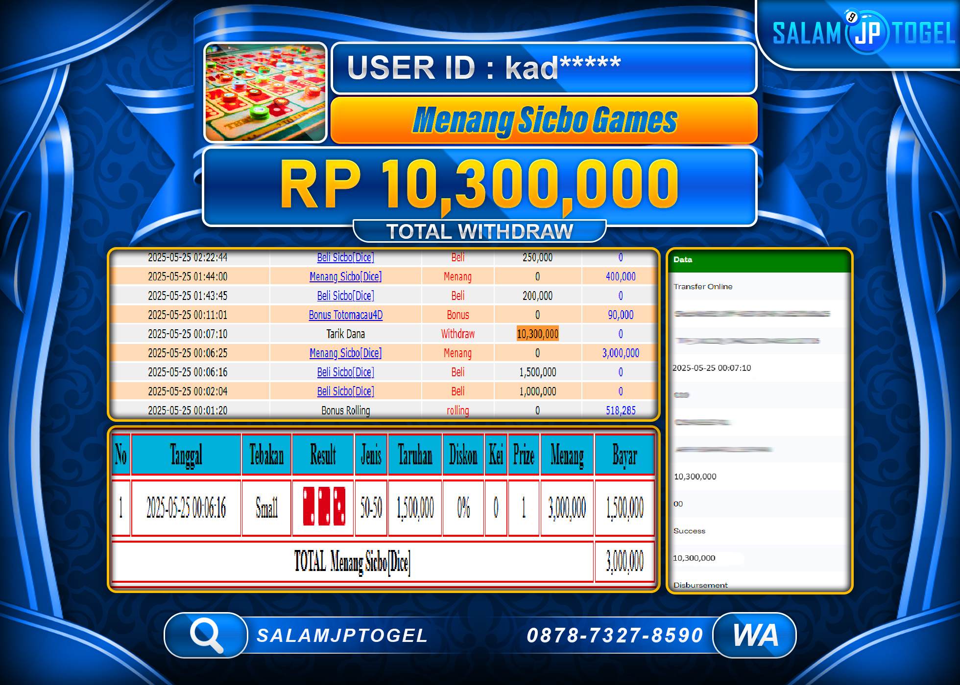 SALAMJPTOGEL MENANG SICBO GAMES Rp.10,300,000 LUNAS