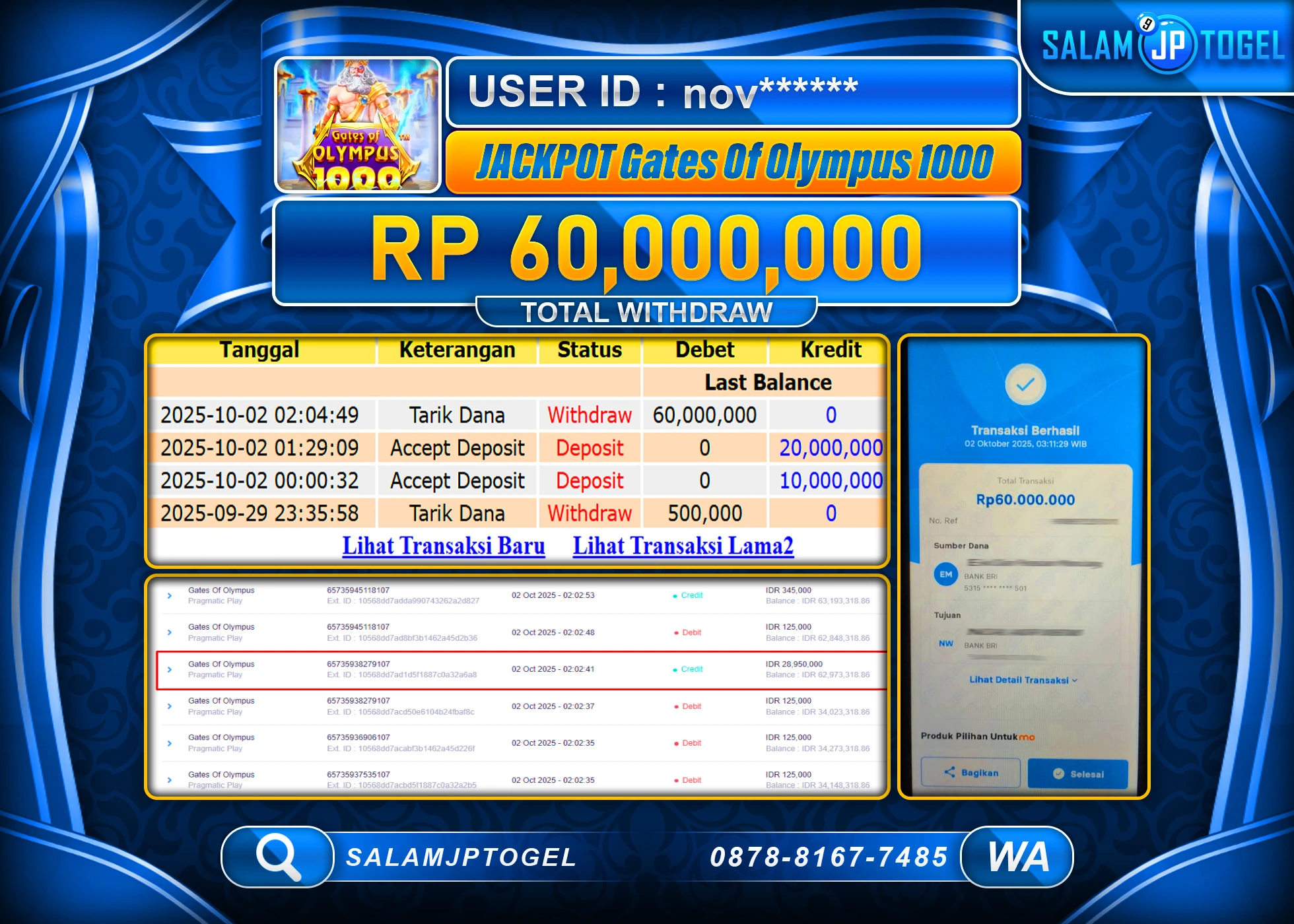 SALAMJPTOGEL MENANG GATES OF OLYMPUS 1000 RP. 60,000,000, - LUNAS