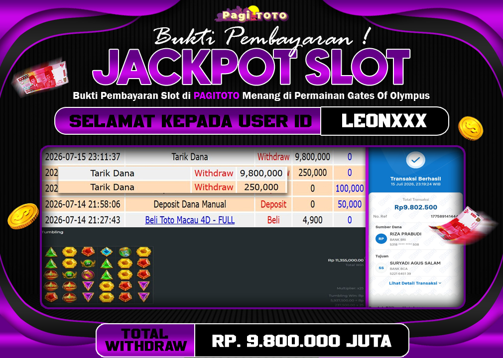 HAPPY JACKPOT MEMBER PAGITOTO SLOT GATES OF OLYMPUS 1000 Rp 9.800.000-, - LUNAS