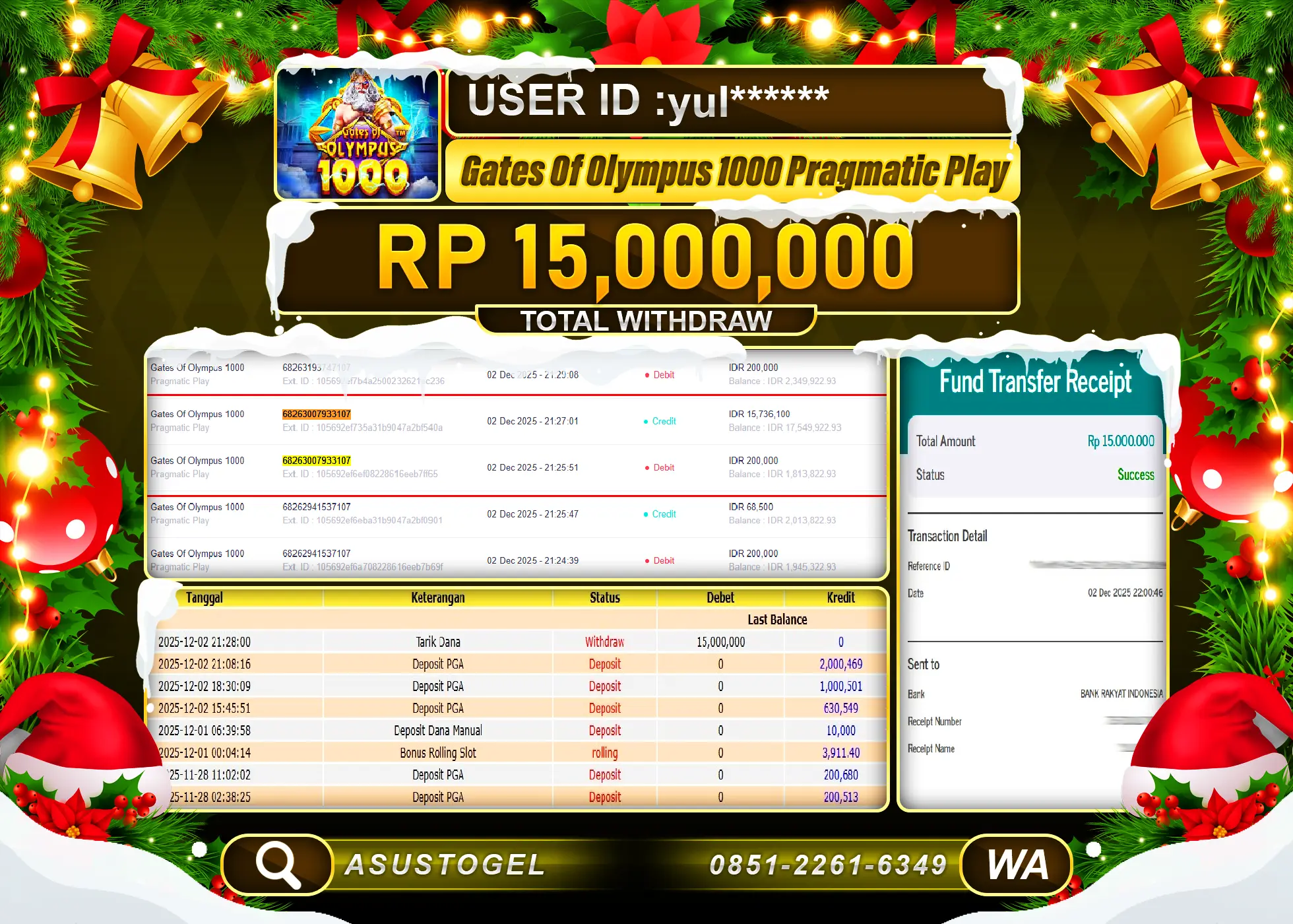 ASUSTOGEL KEMENANGAN DI SLOT GATES OF OLYMPUS 1000 SEBESAR 15,000,000 - RUPIAH LUNAS