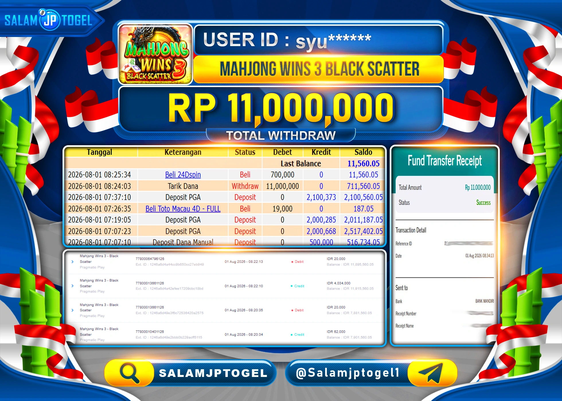 SALAMJPTOGEL JACKPOT MENANG SLOT MAHJONG WINS 3 - BLACK SCATTER Rp.11,000,000 - LUNAS