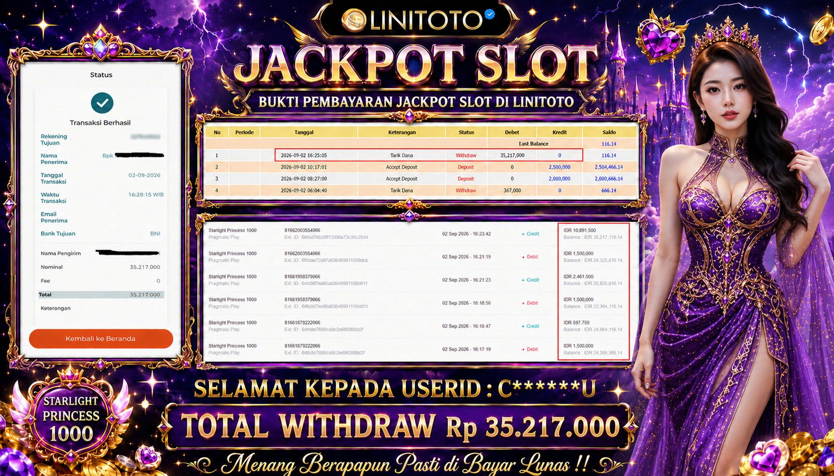 LINITOTO JACKPOT SLOT Starlight Princess 1000 Rp.35,217,000- LUNAS