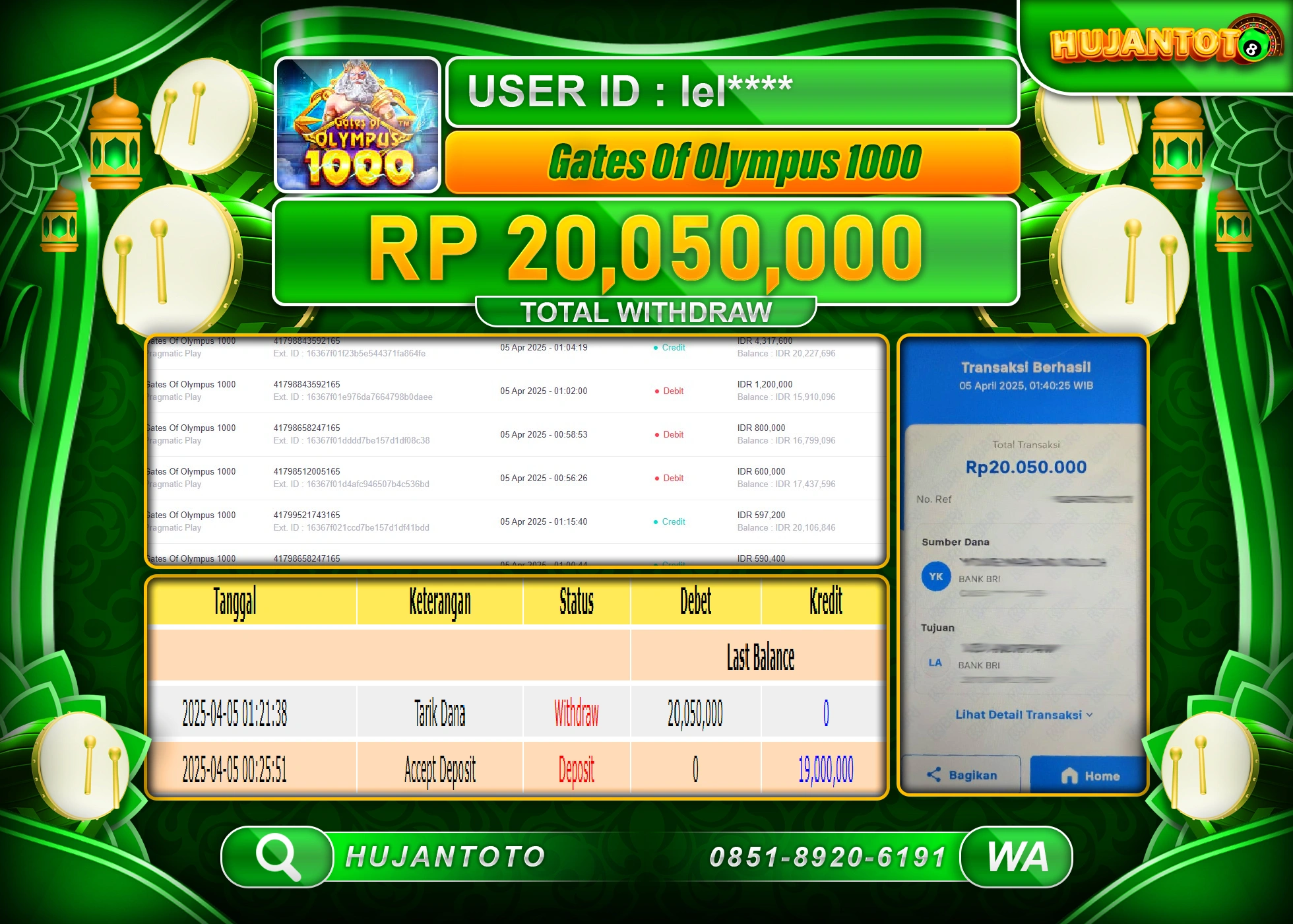 HUJANTOTO - BUKTI JACKPOT MENANG SLOT GATES OF OLYMPUS 1000 Rp,20,050,000 - TERBAYAR LUNAS
