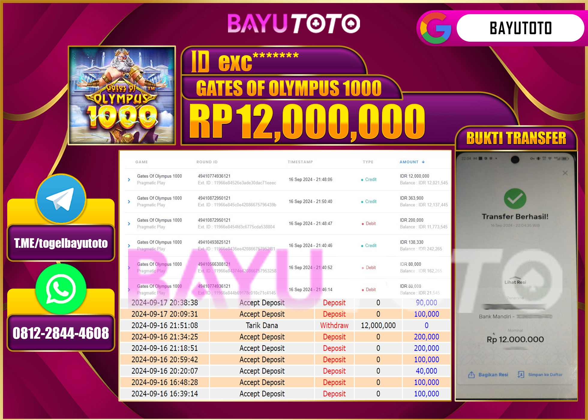 BAYUTOTO JACKPOT  DI PERMAINAN GATES OF OLYMPUS 1000 Rp.12.000.000 LUNAS