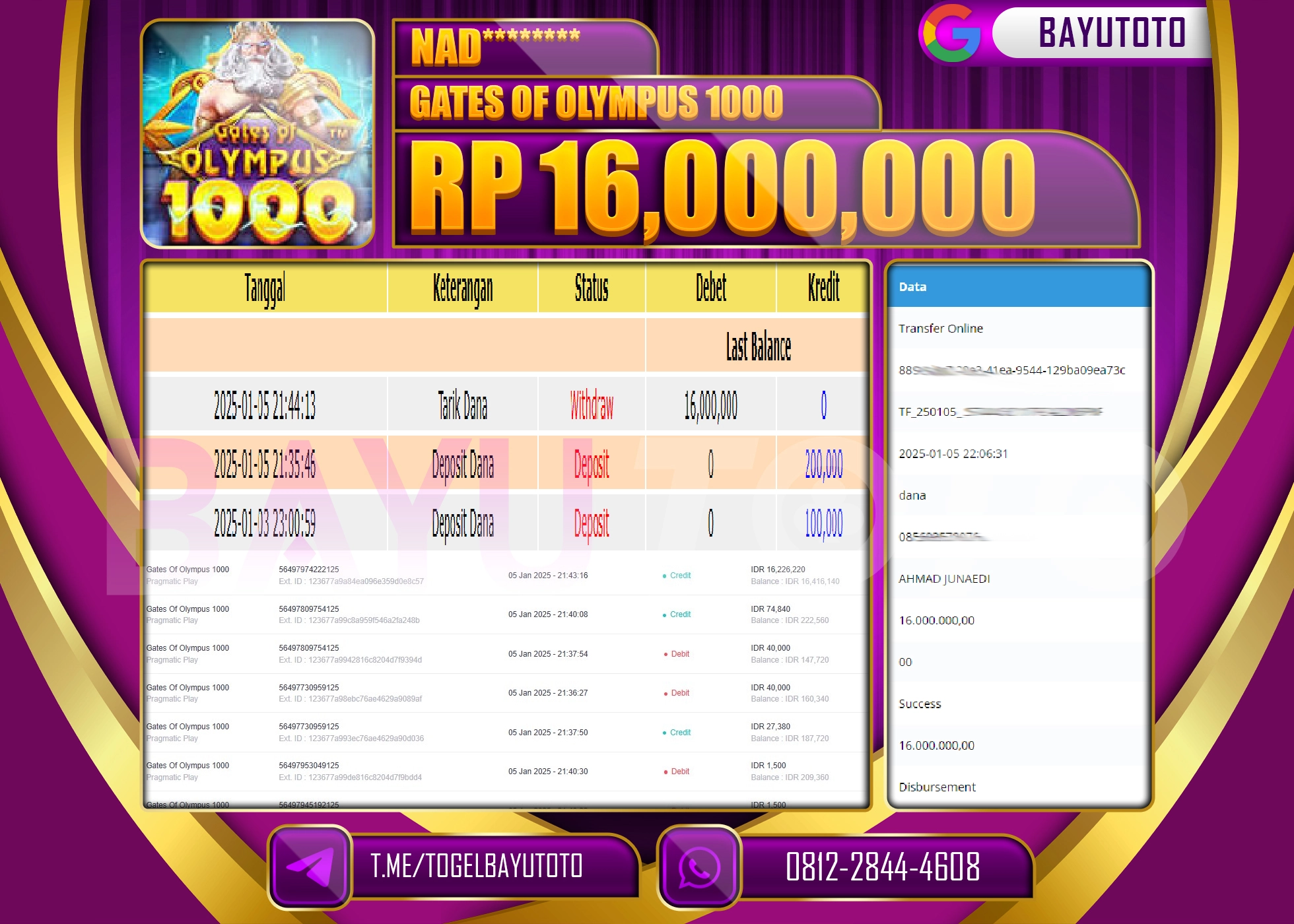 BAYUTOTO JACKPOT  DI SLOT GATES OF OLYMPUS 1000  Rp.16.000.000 LUNAS