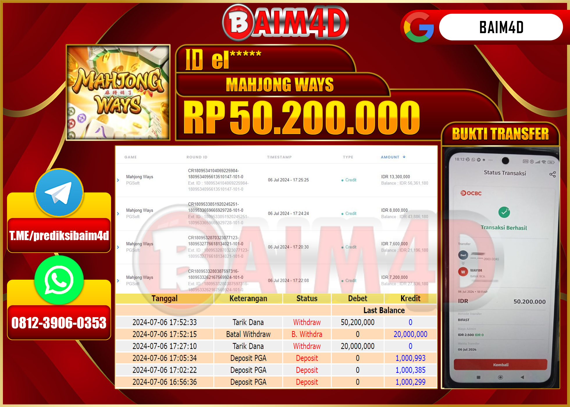 BAIM4D JACKPOT PG SOFT MAHJONG WAYS  Rp.50.200,000.- LUNAS