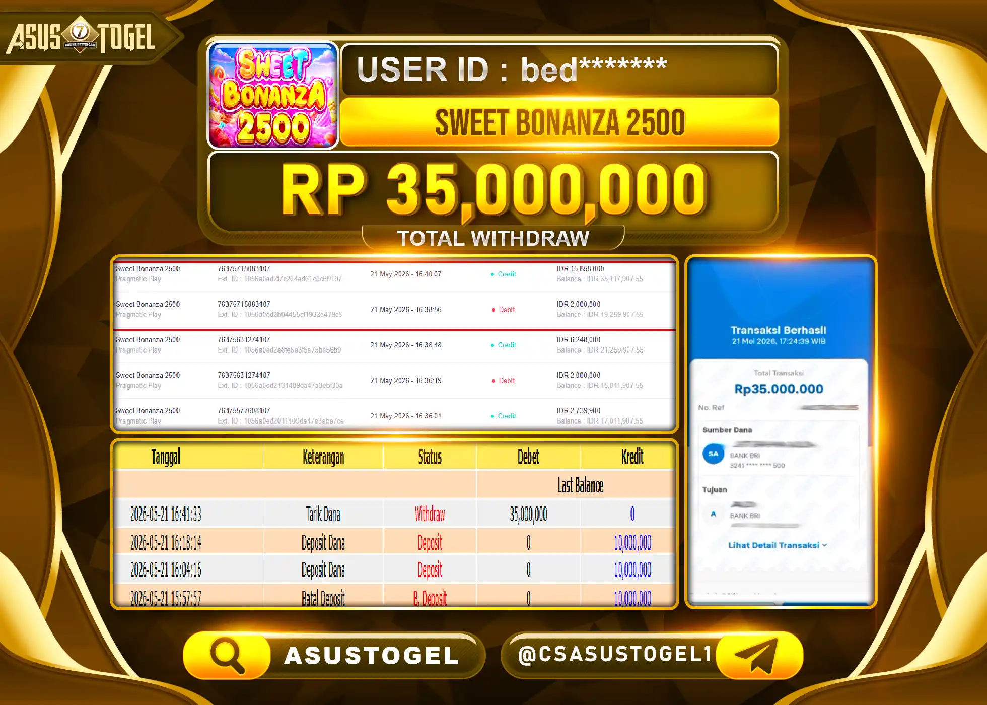 ASUSTOGEL KEMENANGAN JACKPOT DI PERMAINAN SWEET BONANZA 2500 SEBESAR Rp.35,000,000 - RUPIAH LUNAS