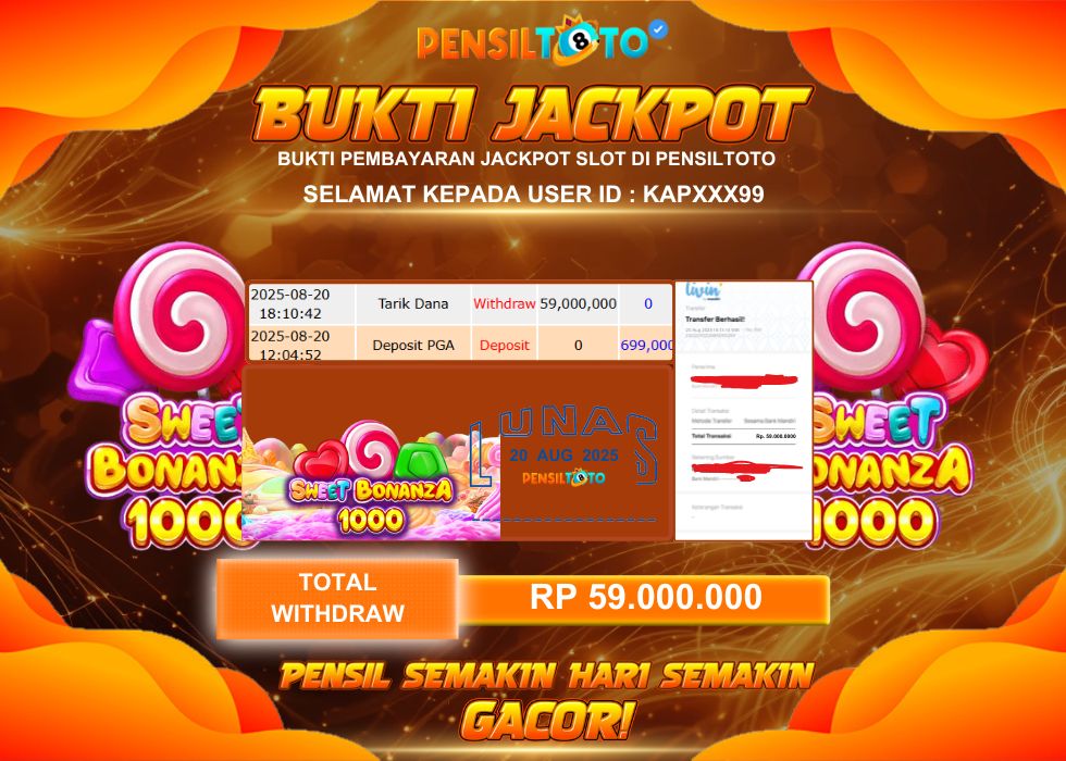 PENSILTOTO JACKPOT SWEET BONANZA 1000 Rp.59.000.000,- LUNAS