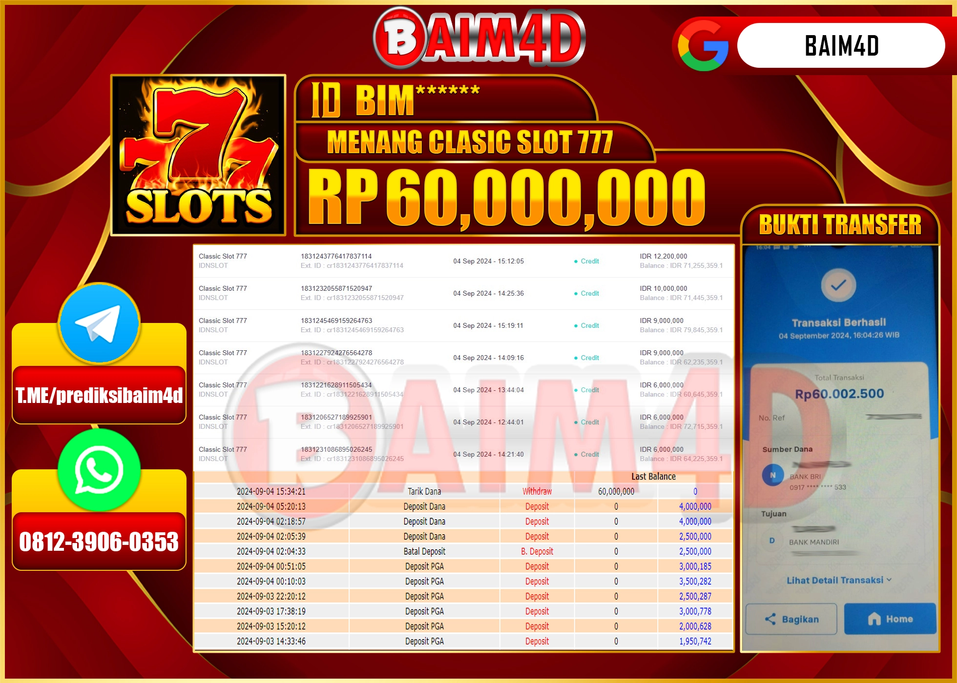 BAIM4D JACKPOT CLASSIC SLOT 777 IDNSLOT 1000  Rp.60.000,000.- LUNAS