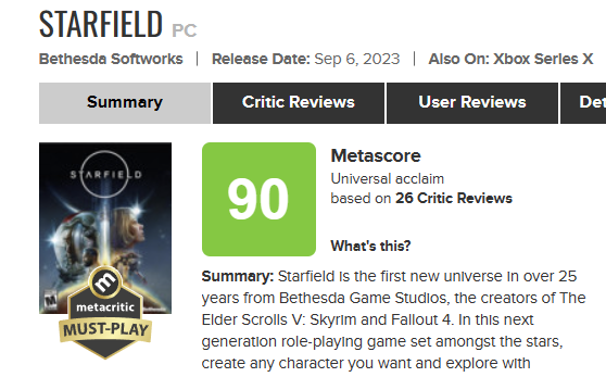 Starfield's Positive Metacritic Scores