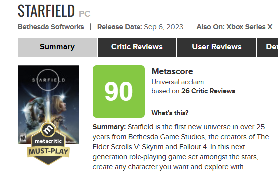 Will Starfield (PC) have a higher Metacritic score than Armored Core VI:  Fires of Rubicon (PC) on Sep 13th?