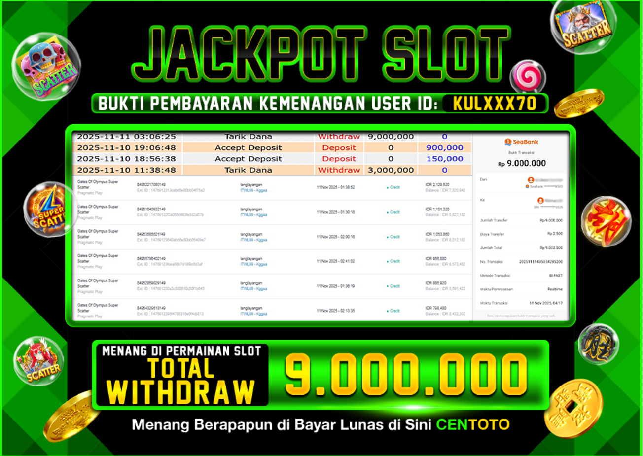 BUKTI JACKPOT SLOT CENTOTO 2 RP.9.000.000,-LUNAS