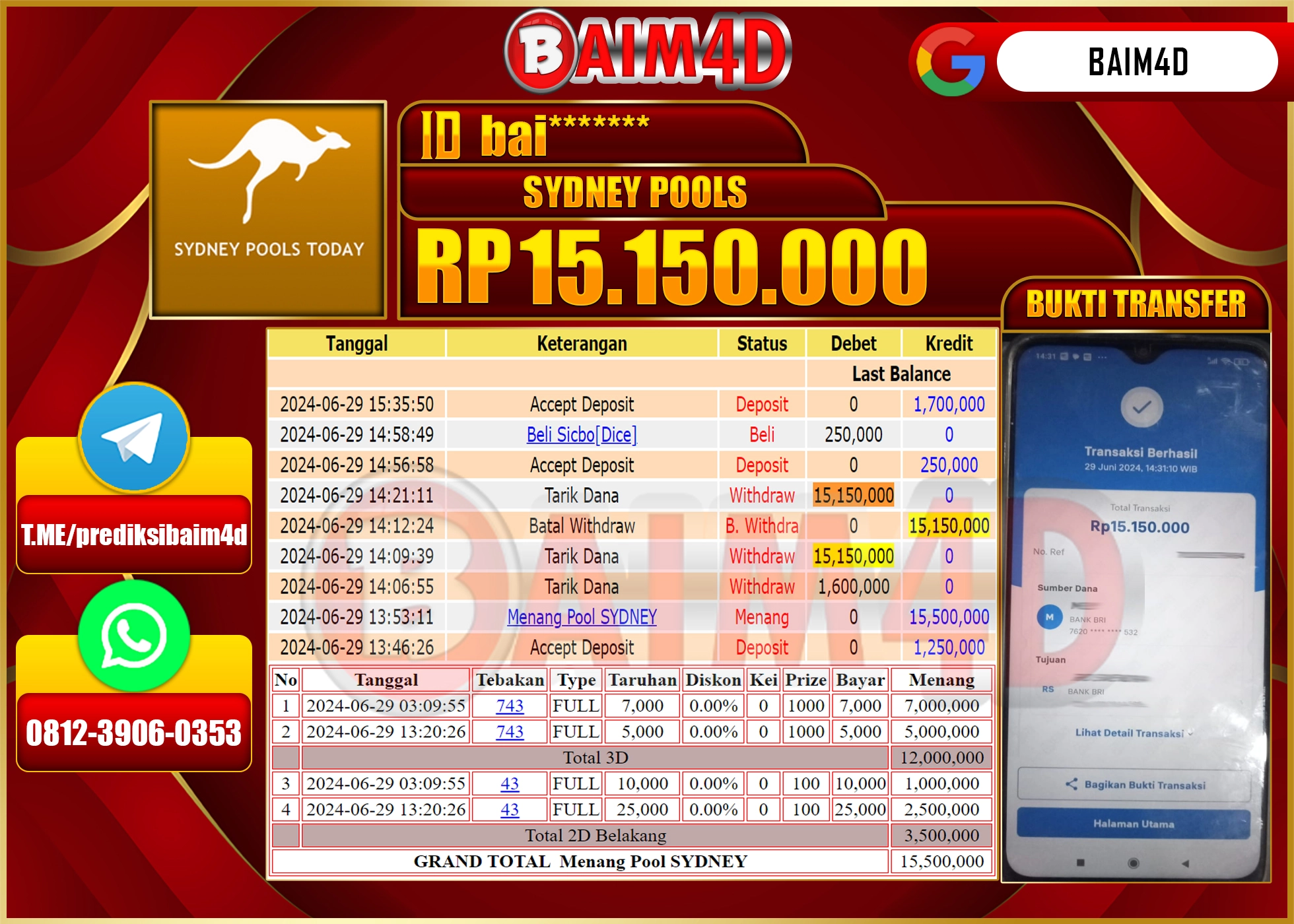 BAIM4D JACKPOT T0GEL SYDNEY POOLS Rp.15,150,000.- LUNAS