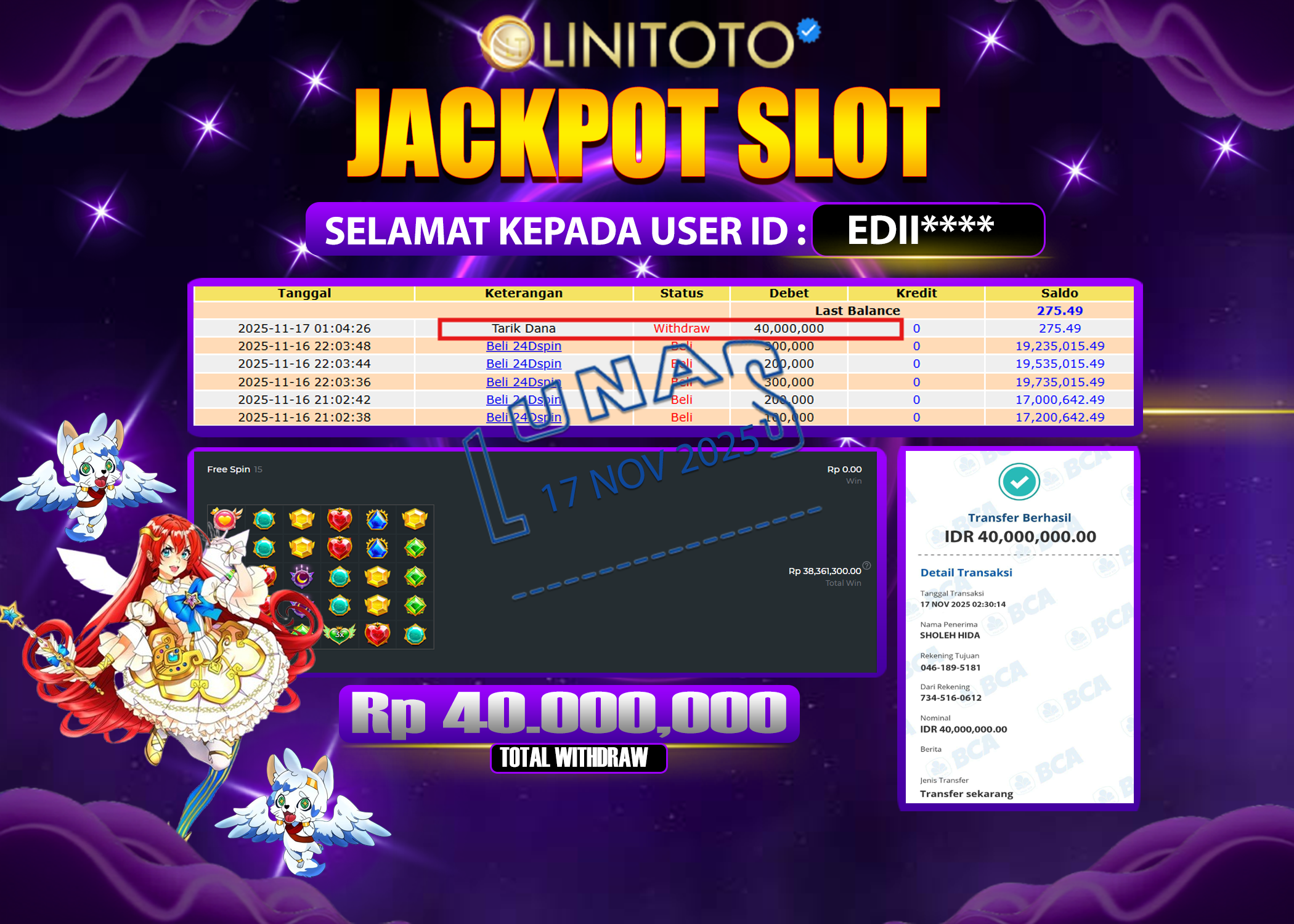LINITOTO JACKPOT SLOT Starlight Princess 1000 Rp.40.000.000- LUNAS