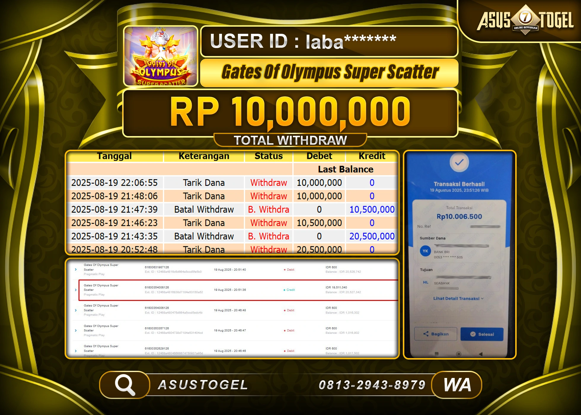 ASUSTOGEL KEMENANGAN DI GATES OF OLYMPUS SUPER SCATTER 10,000,000- RUPIAH LUNAS