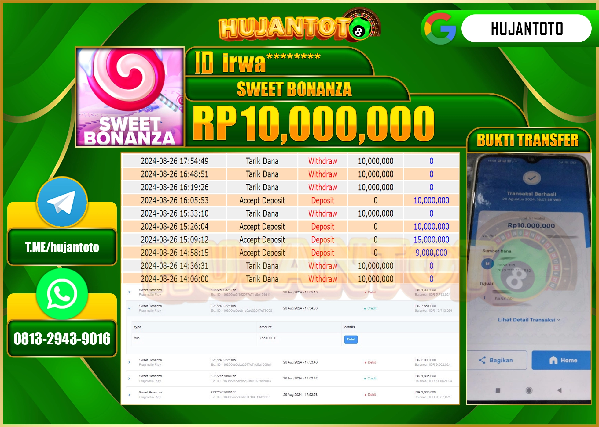 HUJANTOTO MENANG BESAR DI PERMAINAN SWEET BONANZA , 10.000.000 - LUNAS 