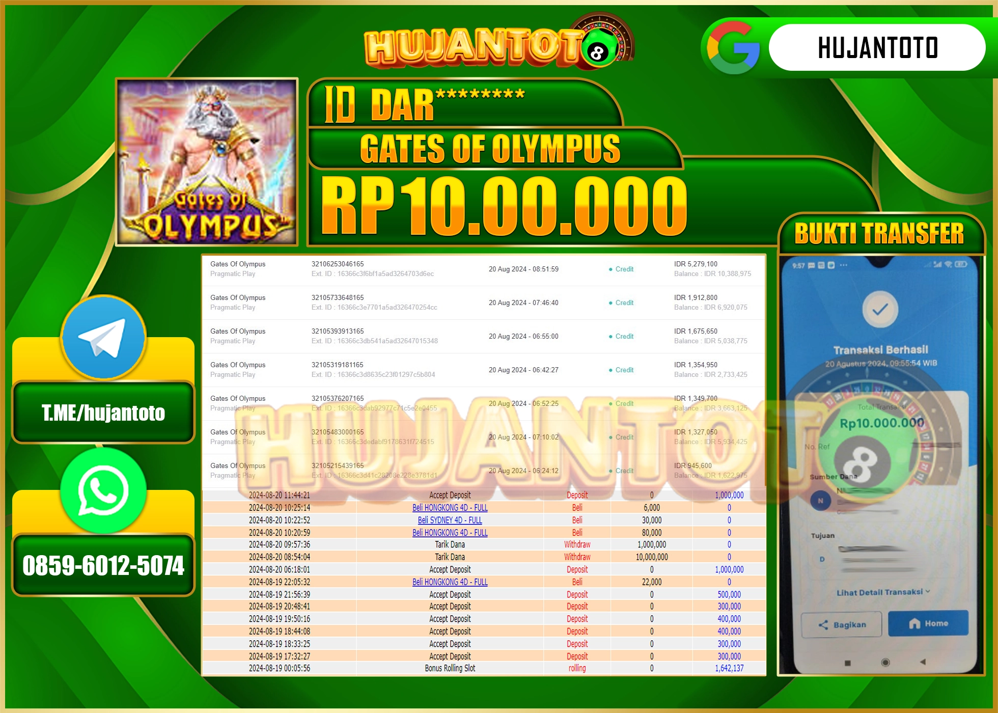 HUJANTOTO MENANG SLOT Gates Of Olympus 1000 (Pragmatic Play)  10.000.000 - LUNAS 