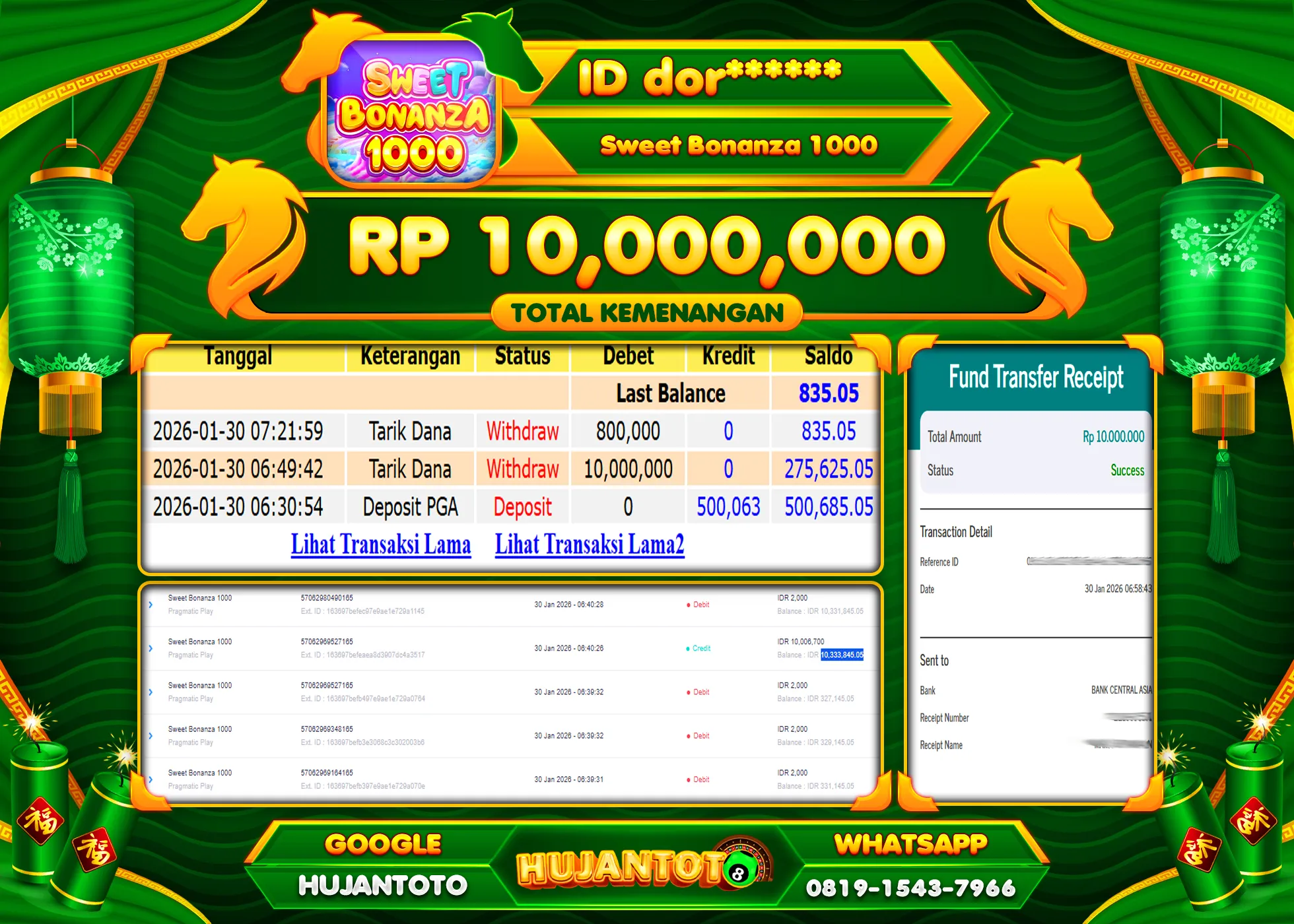HUJANTOTO - BUKTI JACKPOT MENANG SLOT SWEET BONANZA 1000 Rp.10,000,000 - TERBAYAR LUNAS