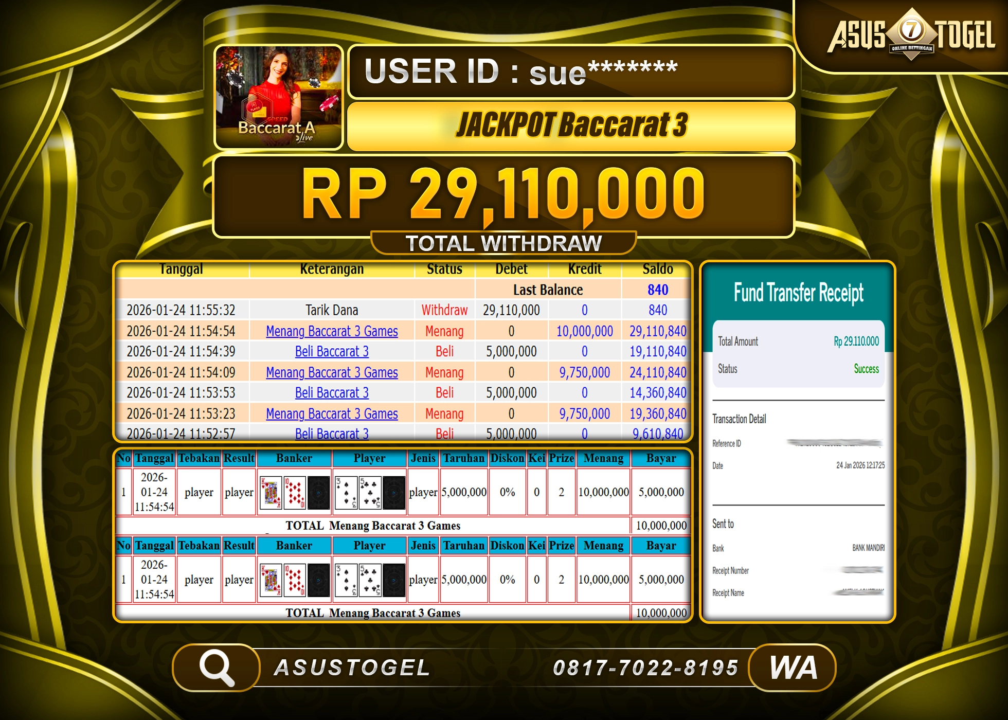 ASUSTOGEL KEMENANGAN DI LIVE GAMES BACCARAT 3 SEBESAR 29,110,000 - RUPIAH LUNAS