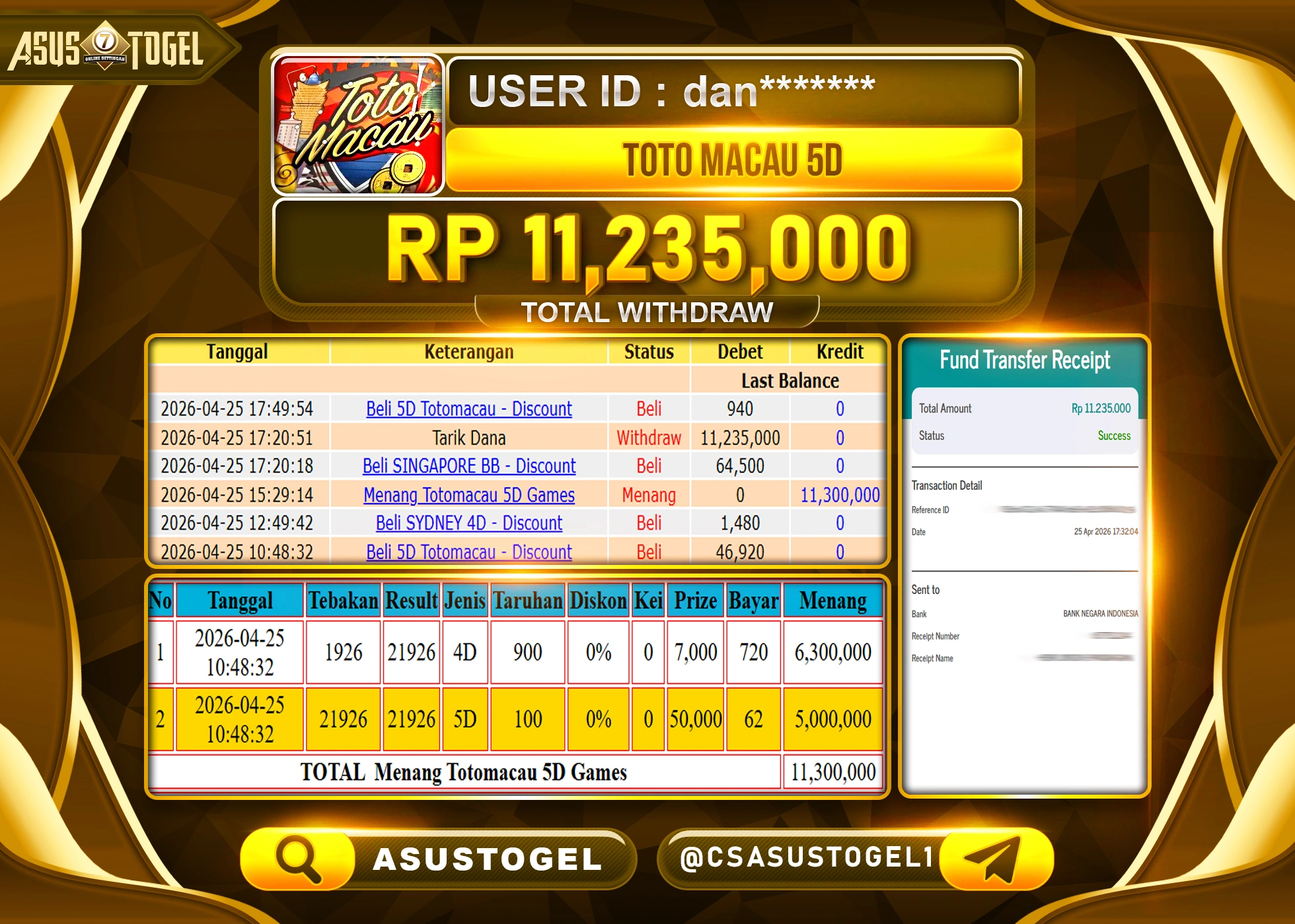 ASUSTOGEL KEMENANGAN JACKPOT DI PERMAINAN TOGEL TOTO MACAU 5D SEBESAR Rp.11,235,000 - RUPIAH LUNAS