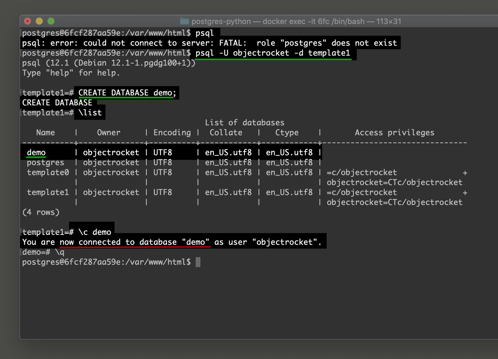 Screenshot of PostgreSQL CRUD example in Python creating database in psql