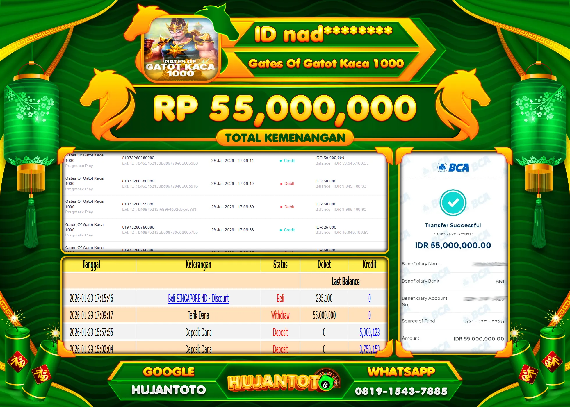 HUJANTOTO - BUKTI JACKPOT MENANG SLOT GATES OF GATOT KACA 1000 Rp.55,000,000 - TERBAYAR LUNAS