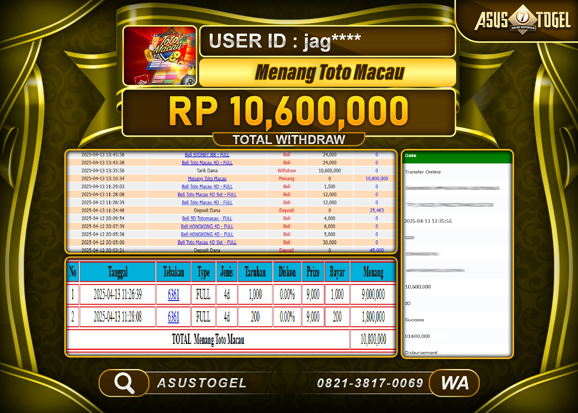 ASUSTOGEL KEMENANGAN DI TOGEL TOTOMACAU 4D SEBESAR 10,600,000- RUPIAH LUNAS