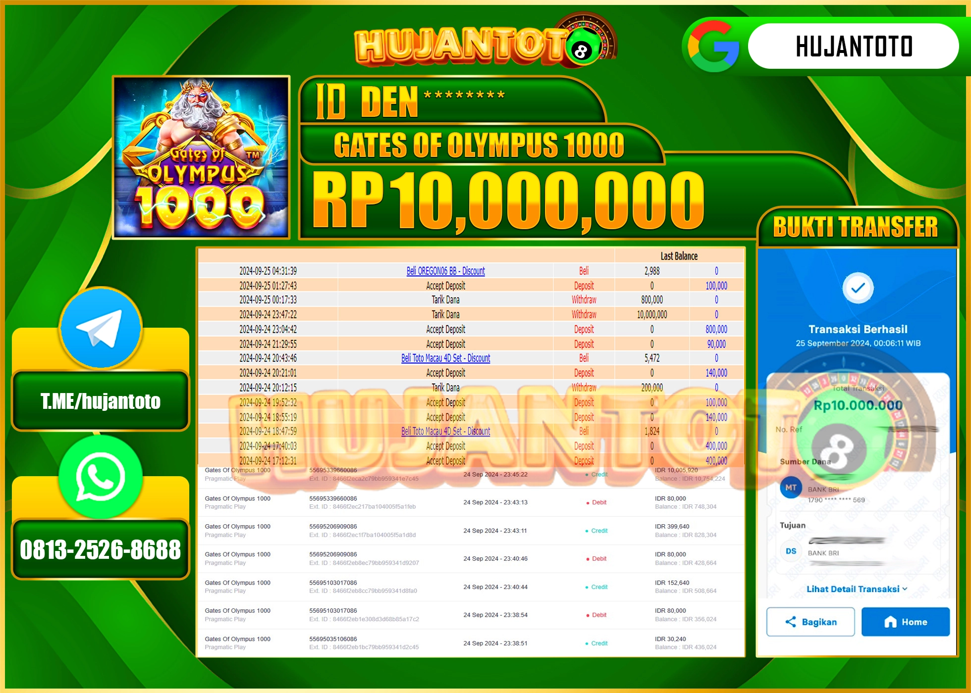 HUJANTOTO MENANG BESAR DI PERMAINAN SLOT GATES OF OYMPUS 1000 - 10,000,000 - LUNAS 