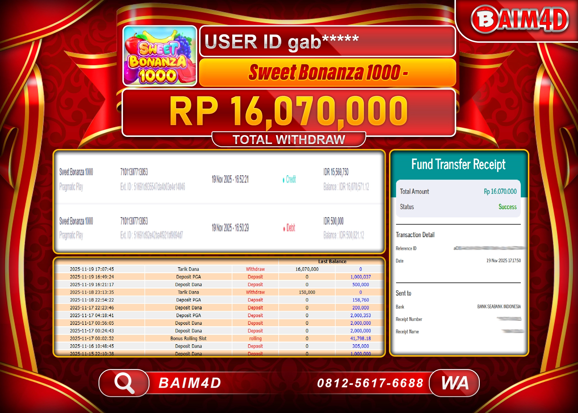 BAIM4D JACKPOT SLOT SWEET BONANZA 1000 Rp.16,070,000 - LUNAS