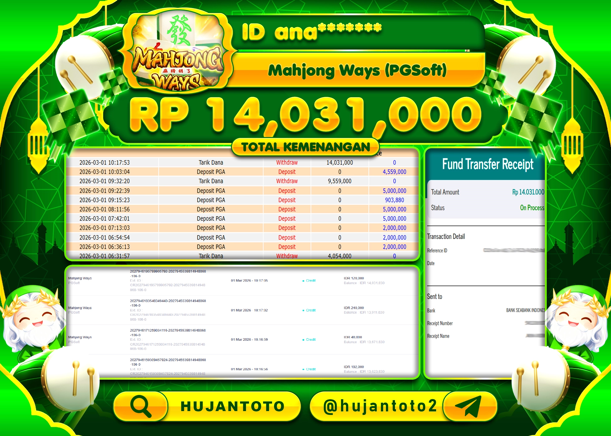 HUJANTOTO - BUKTI JACKPOT MENANG SLOT MAHJONG WAYS   Rp.14,031,000 - TERBAYAR LUNAS