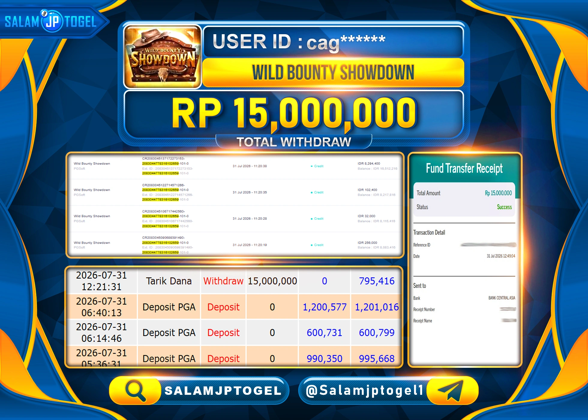 SALAMJPTOGEL JACKPOT MENANG SLOT WILD BOUNTY SHOWDOWN Rp.15,000,000 - LUNAS
