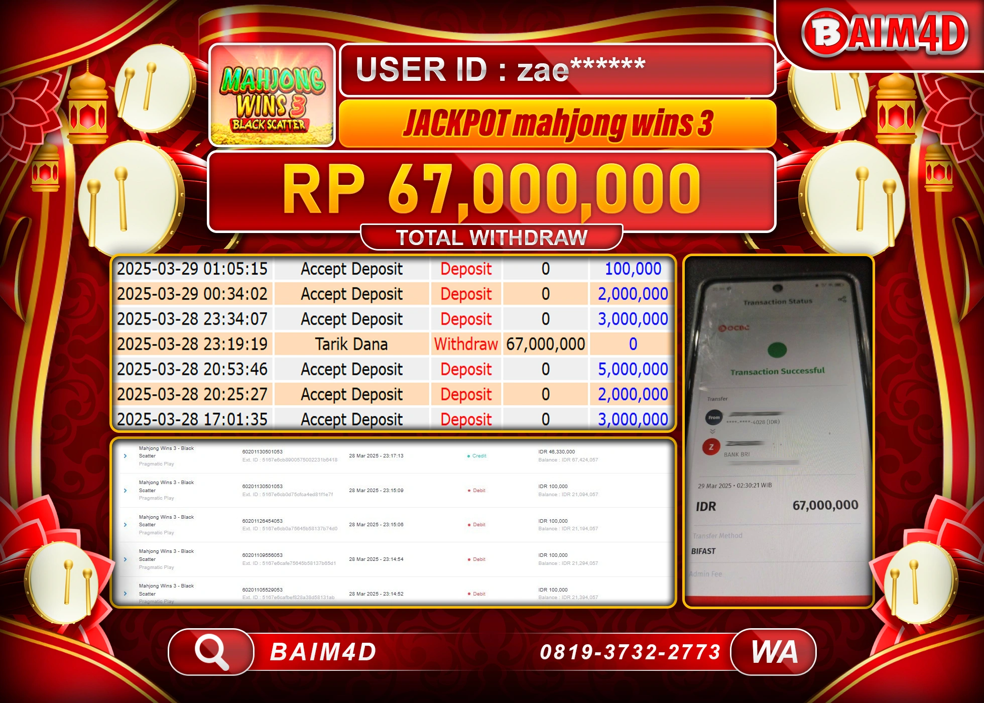 BAIM4D  MENANG JACKPOT MAJONG WINS 3  1000 Rp.67.000,000.- LUNAS