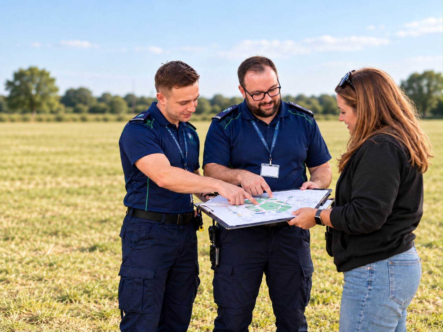 Streamline colleagues reviewing an event site plan with an organiser