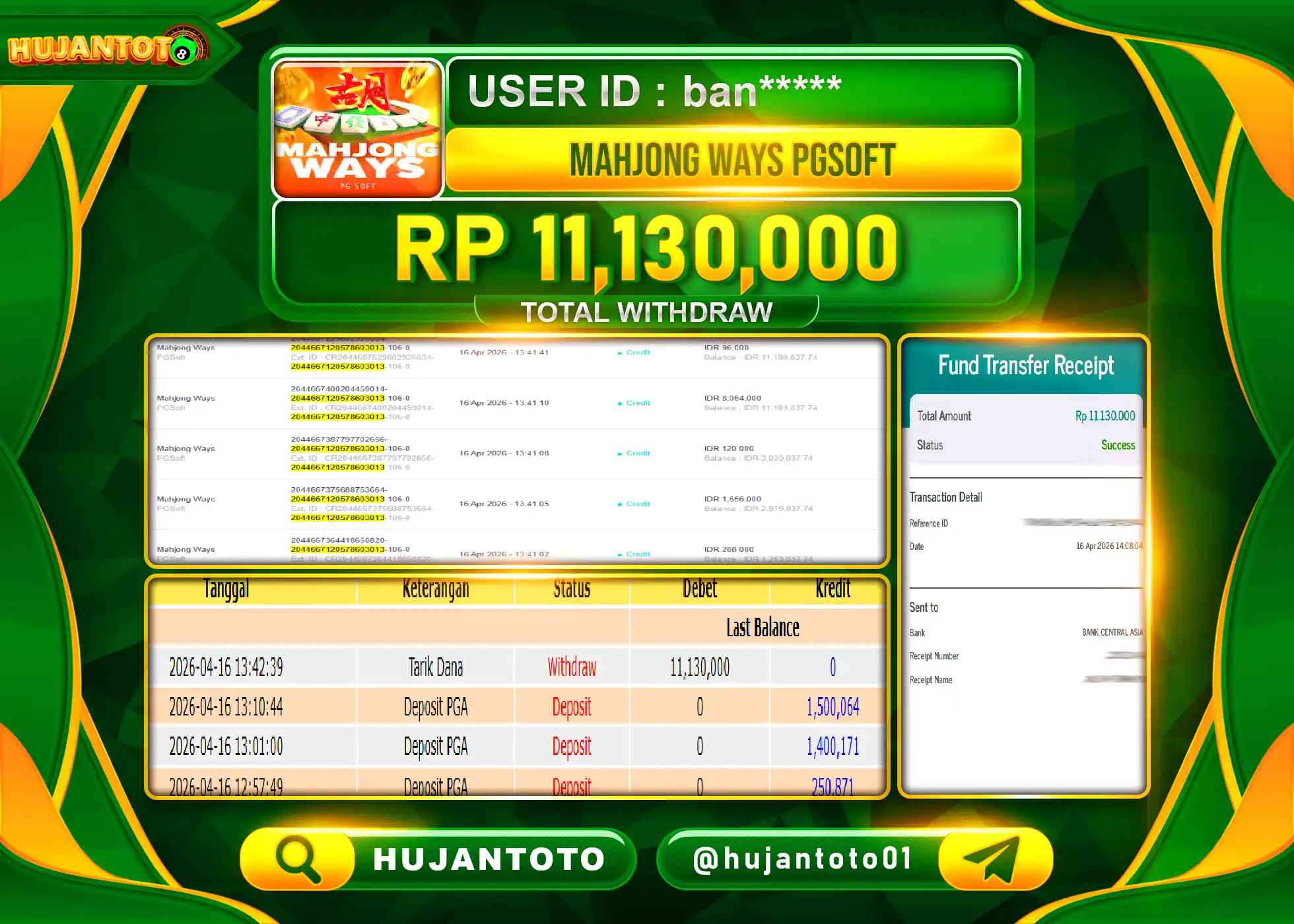HUJANTOTO - BUKTI JACKPOT MENANG MAHJONG WAYS Rp.11,130,000 - TERBAYAR LUNAS