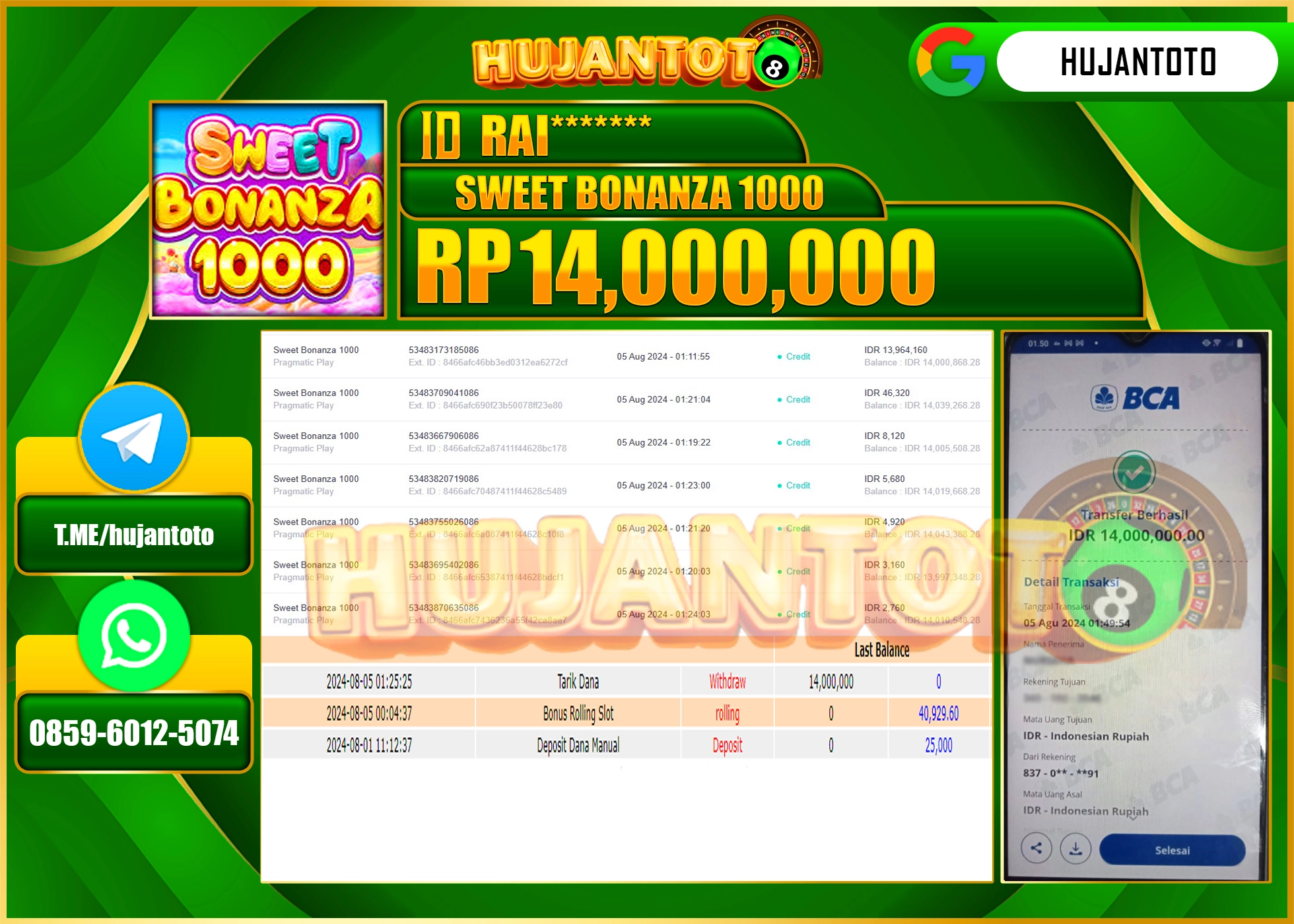 HUJANTOTO MENANG BESAR DI PERMAINAN SLOT SWEET BONANZA 1000 14.000.000 - LUNAS 