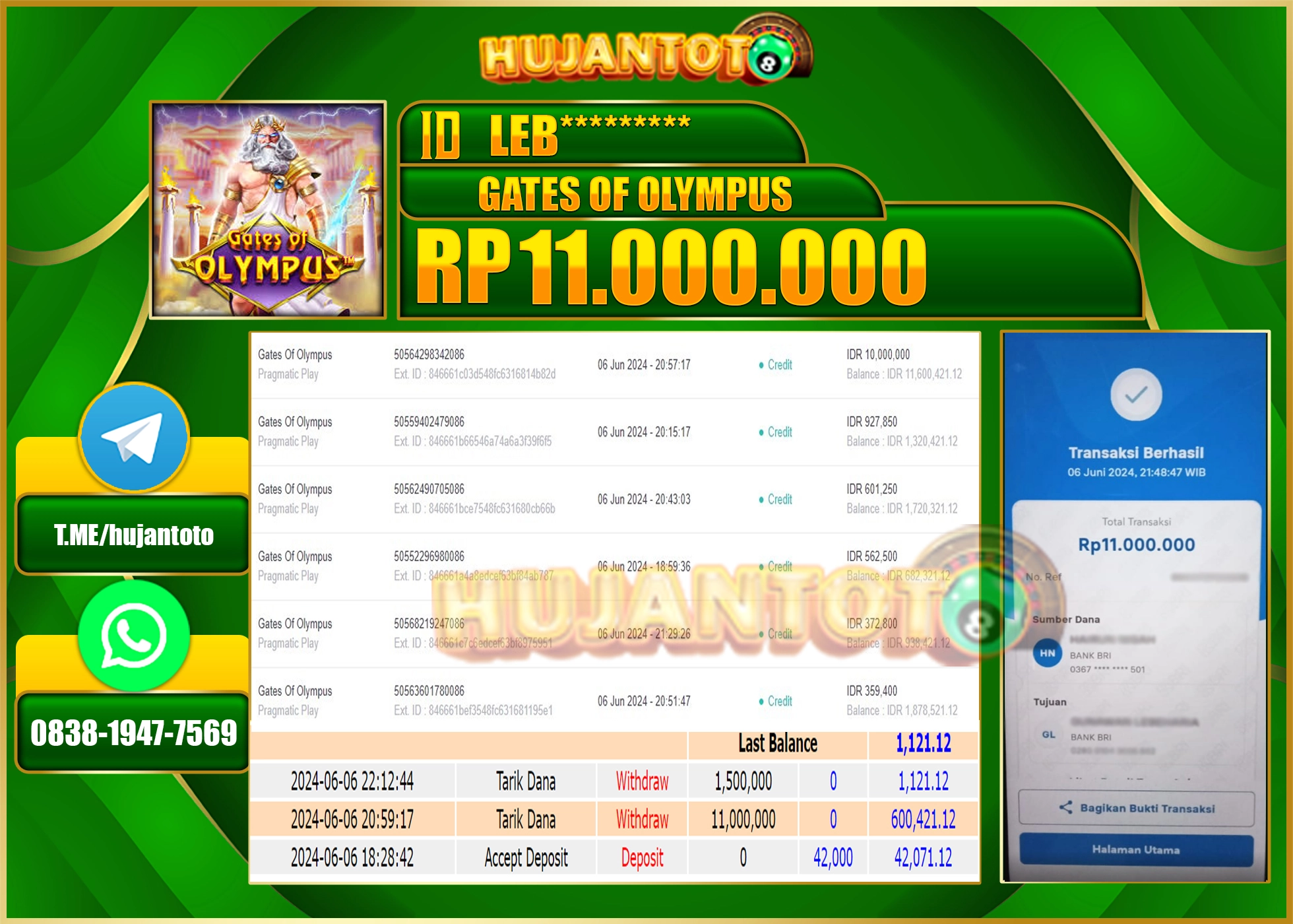HUJANTOTO MENANG SLOT GATES OF OLYMPUS 11.000.000 - LUNAS 