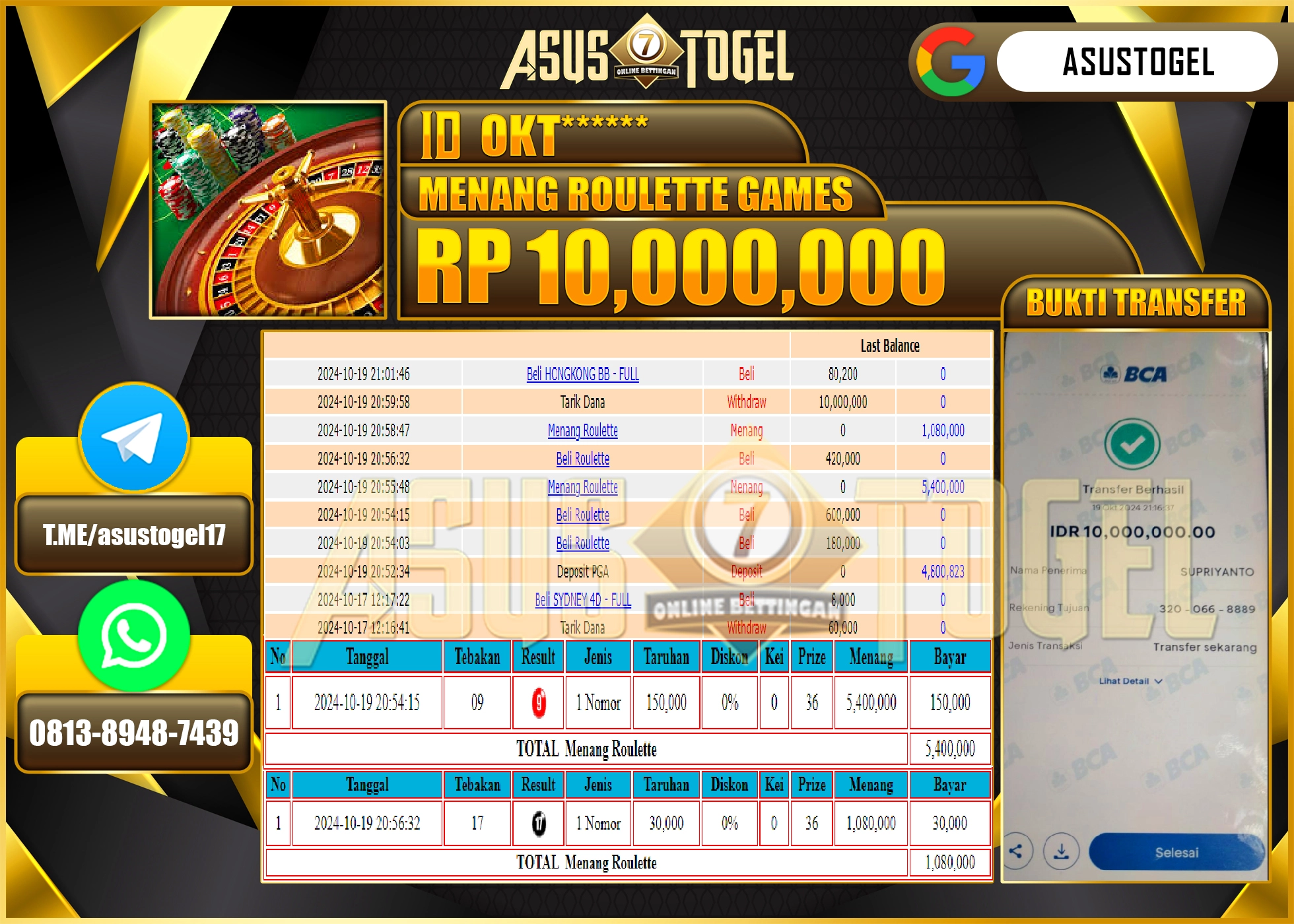 ASUSTOGEL KEMENANGAN DI LIVEGAME ROULETTE GAMES SEBESAR 10,000,000- RUPIAH LUNAS