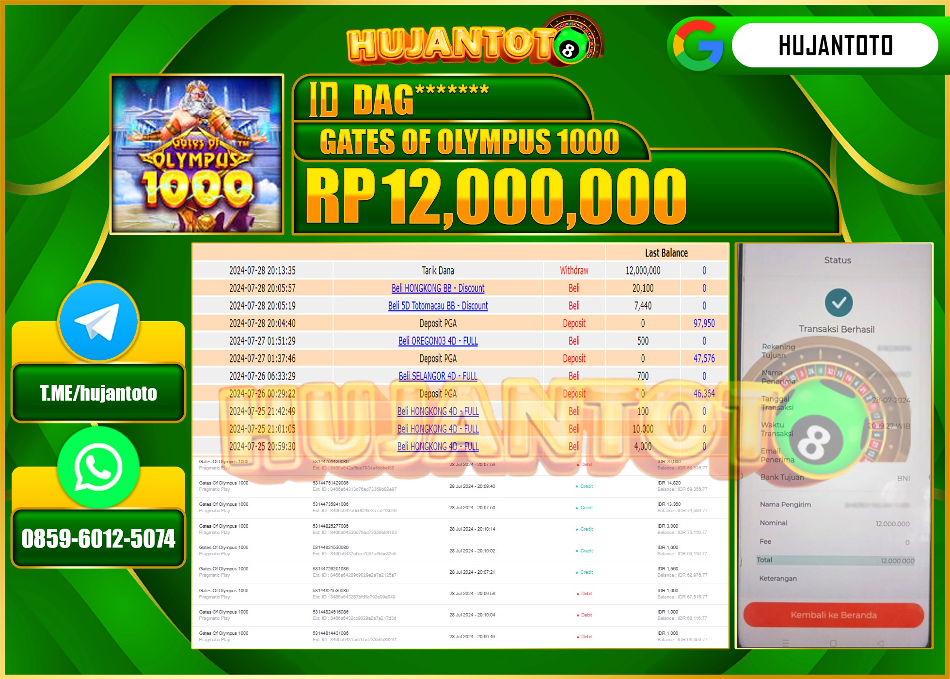 HUJANTOTO MENANG PERMAINAN GATES OF OLYMPUS 1000  12.000.000 - LUNAS 