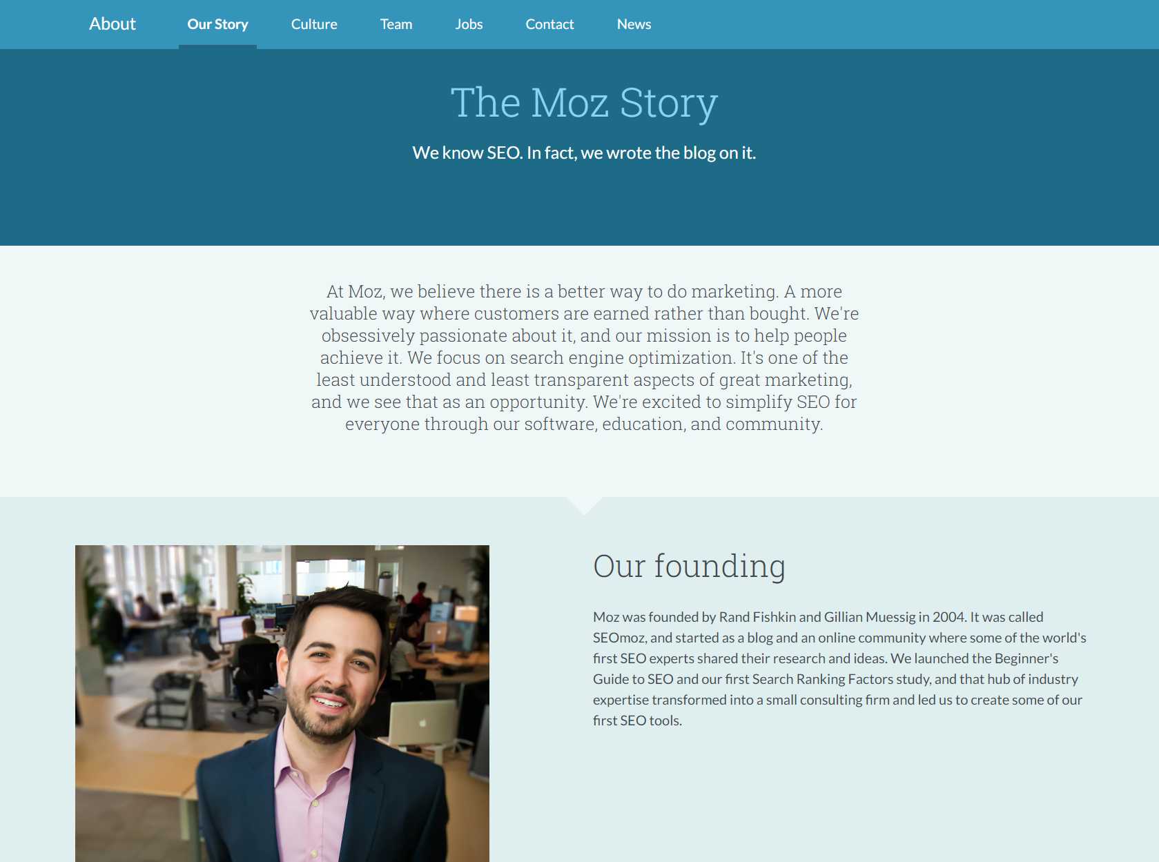 The story of Moz on its About Us page