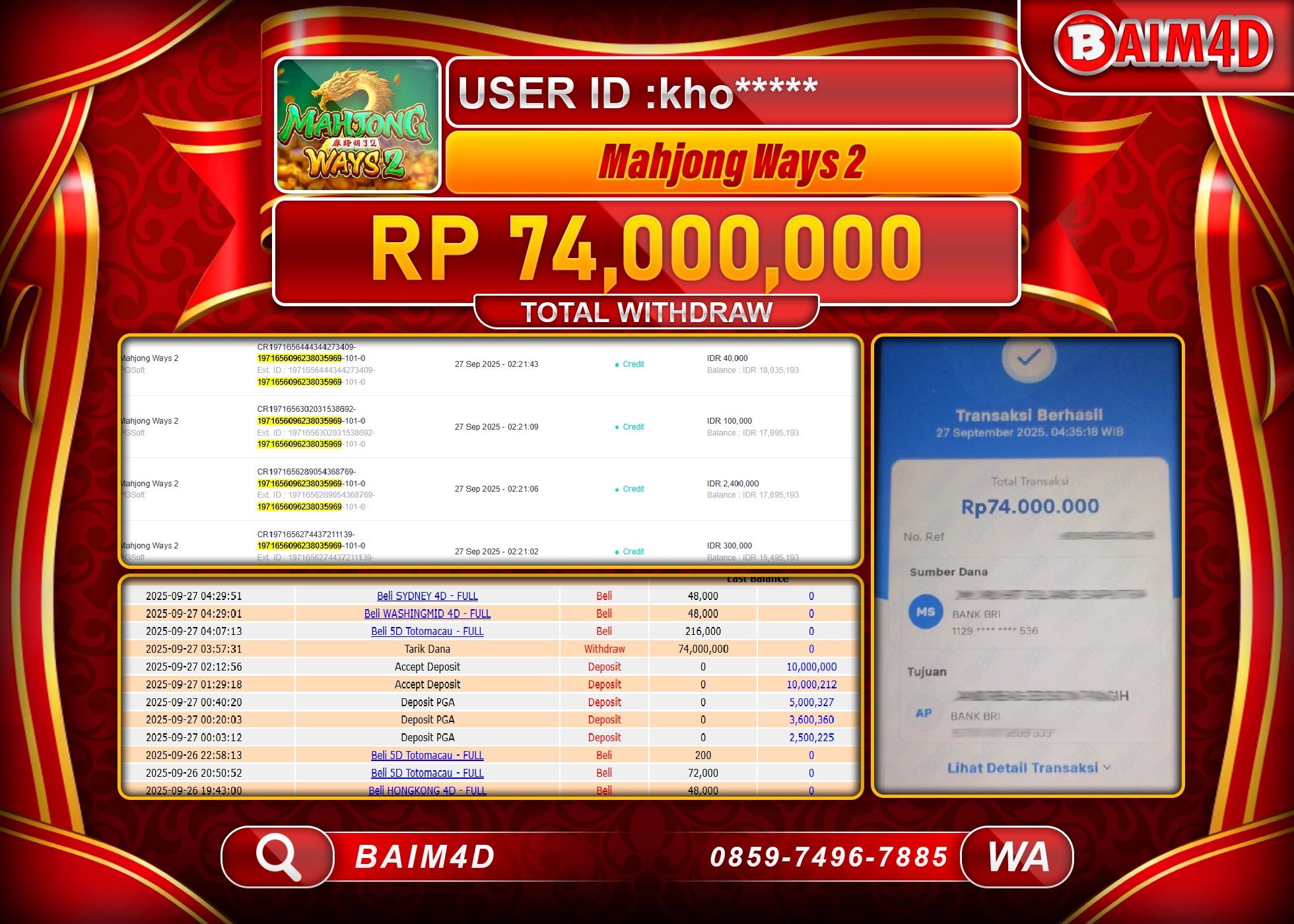 BAIM4D JACKPOT SLOT MAHJONG WAYS PG SOFT Rp.74,000,000.- LUNAS