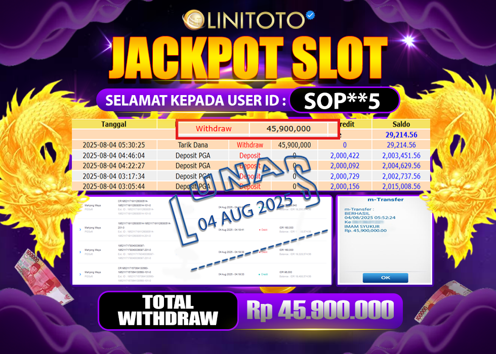 LINITOTO JACKPOT SLOT MAHJONG WINS Rp.45.900.000,- LUNAS