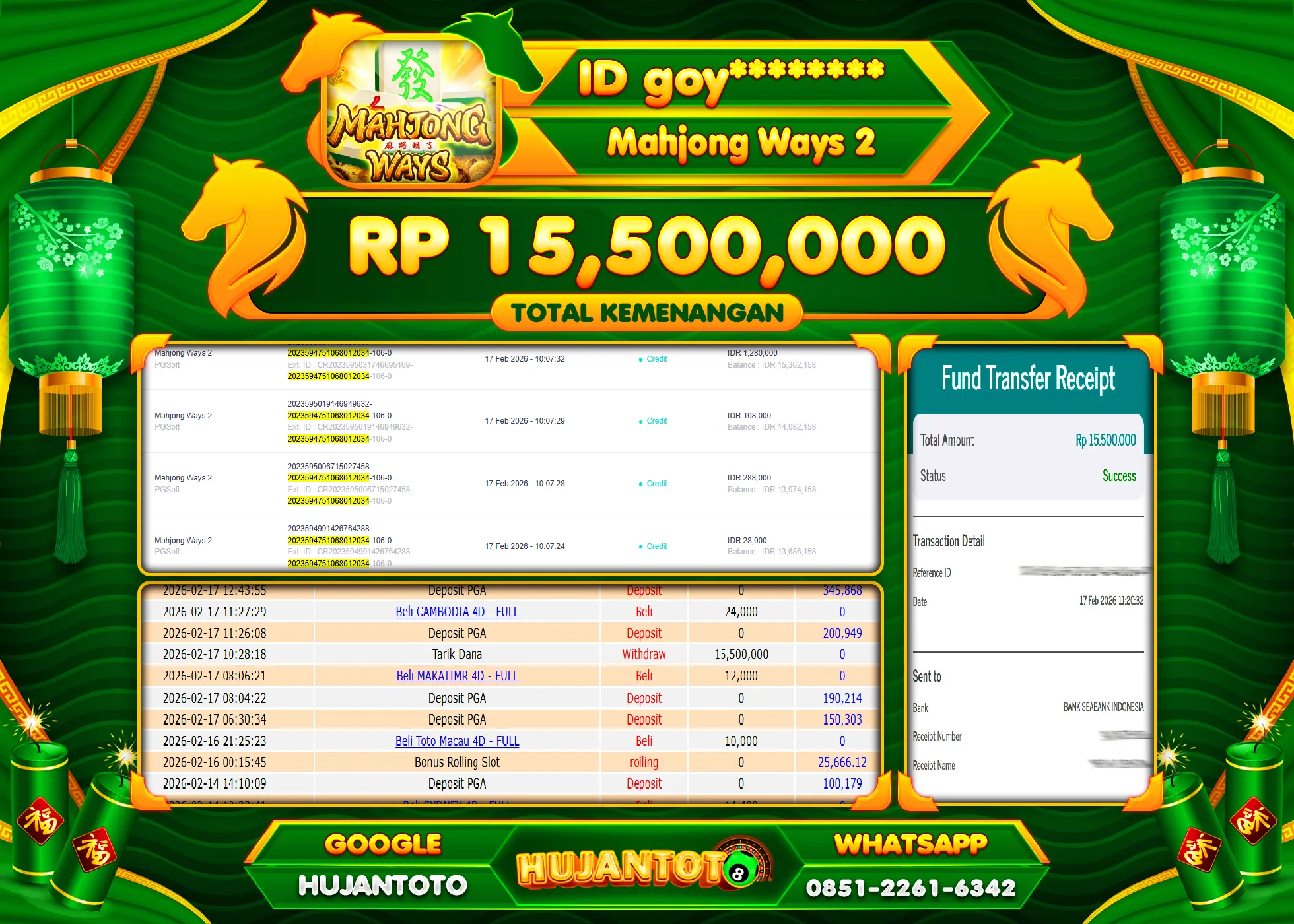 HUJANTOTO - BUKTI JACKPOT MENANG SLOT MAHJONG WAYS 2 Rp.15,500,000 - TERBAYAR LUNAS