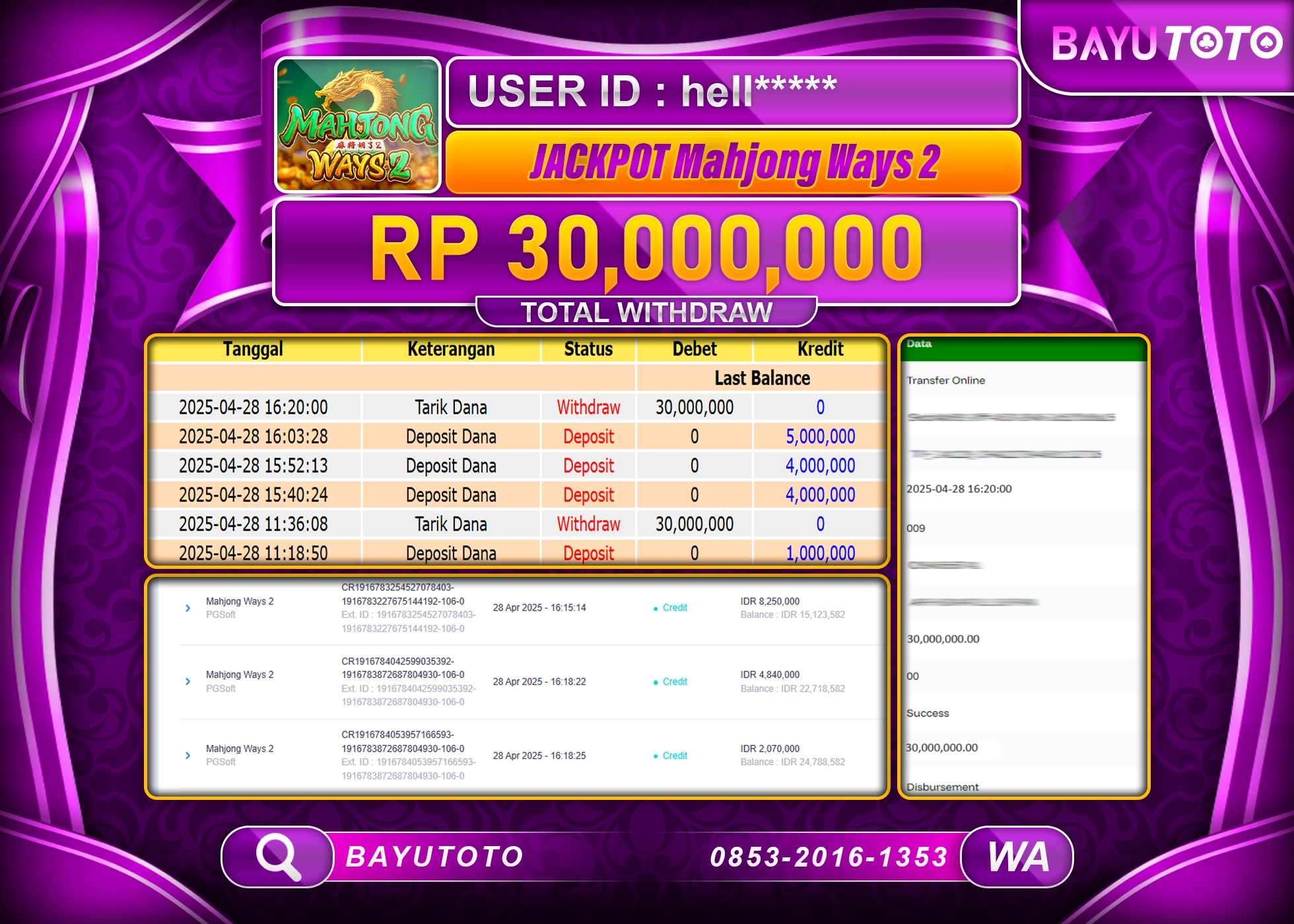 BAYUTOTO JACKPOT  Mahjong Ways PGSoft  Rp.30,000,000 LUNAS